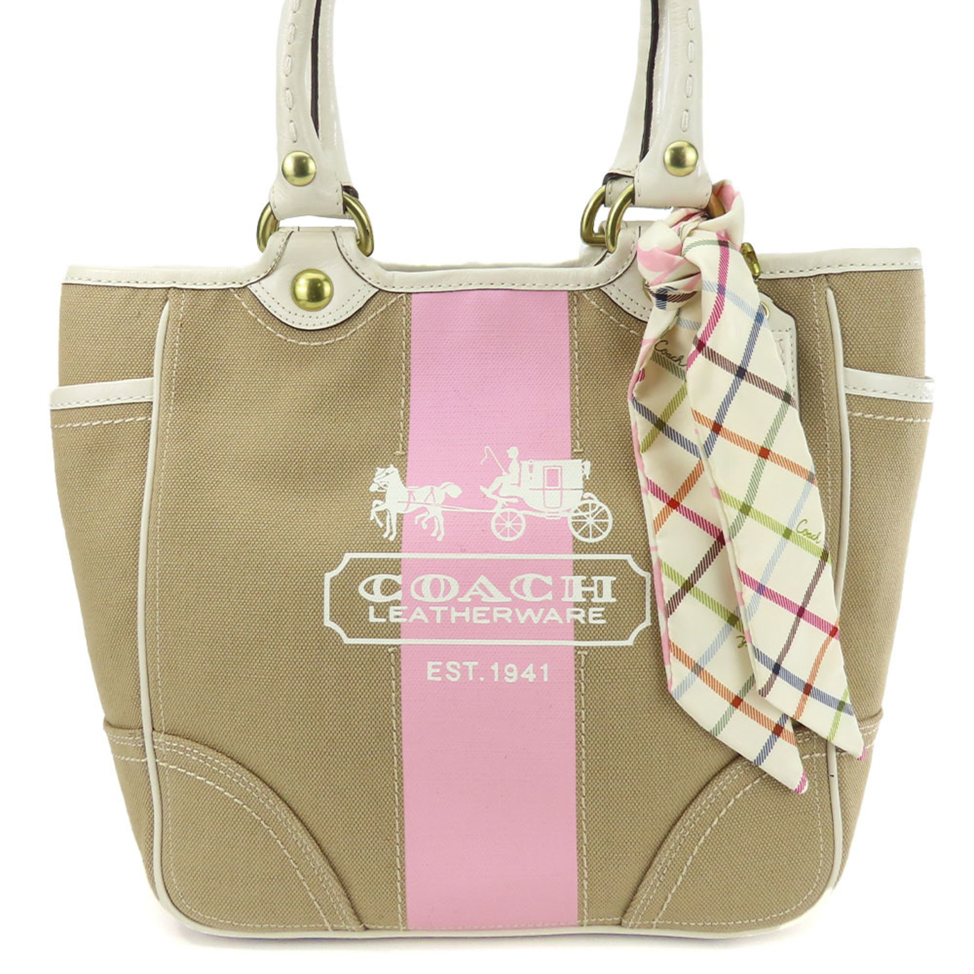 Coach Tote Bag F11791 Canvas Leather Beige White Heritage Stripe with Twilly Women's COACH