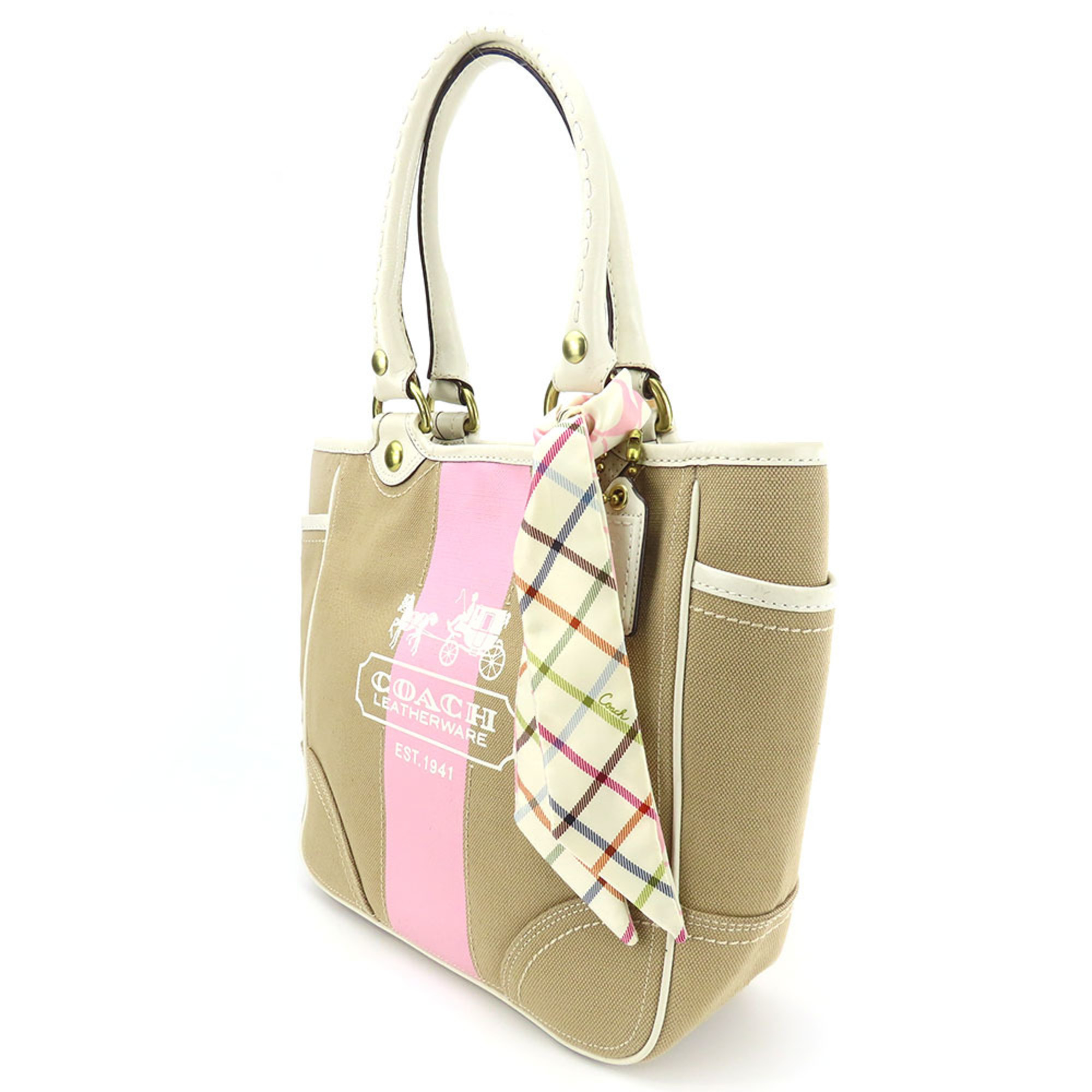 Coach Tote Bag F11791 Canvas Leather Beige White Heritage Stripe with Twilly Women's COACH