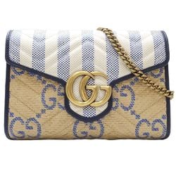 GUCCI Gucci Wallet Chain 474575 Shoulder GG Marmont Leather x Raffia Beige Blue 180643