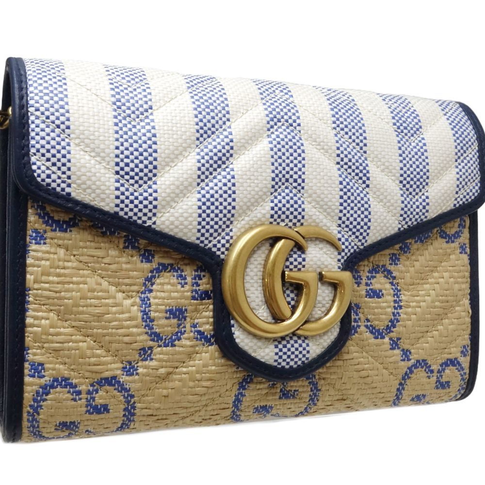 GUCCI Gucci Wallet Chain 474575 Shoulder GG Marmont Leather x Raffia Beige Blue 180643