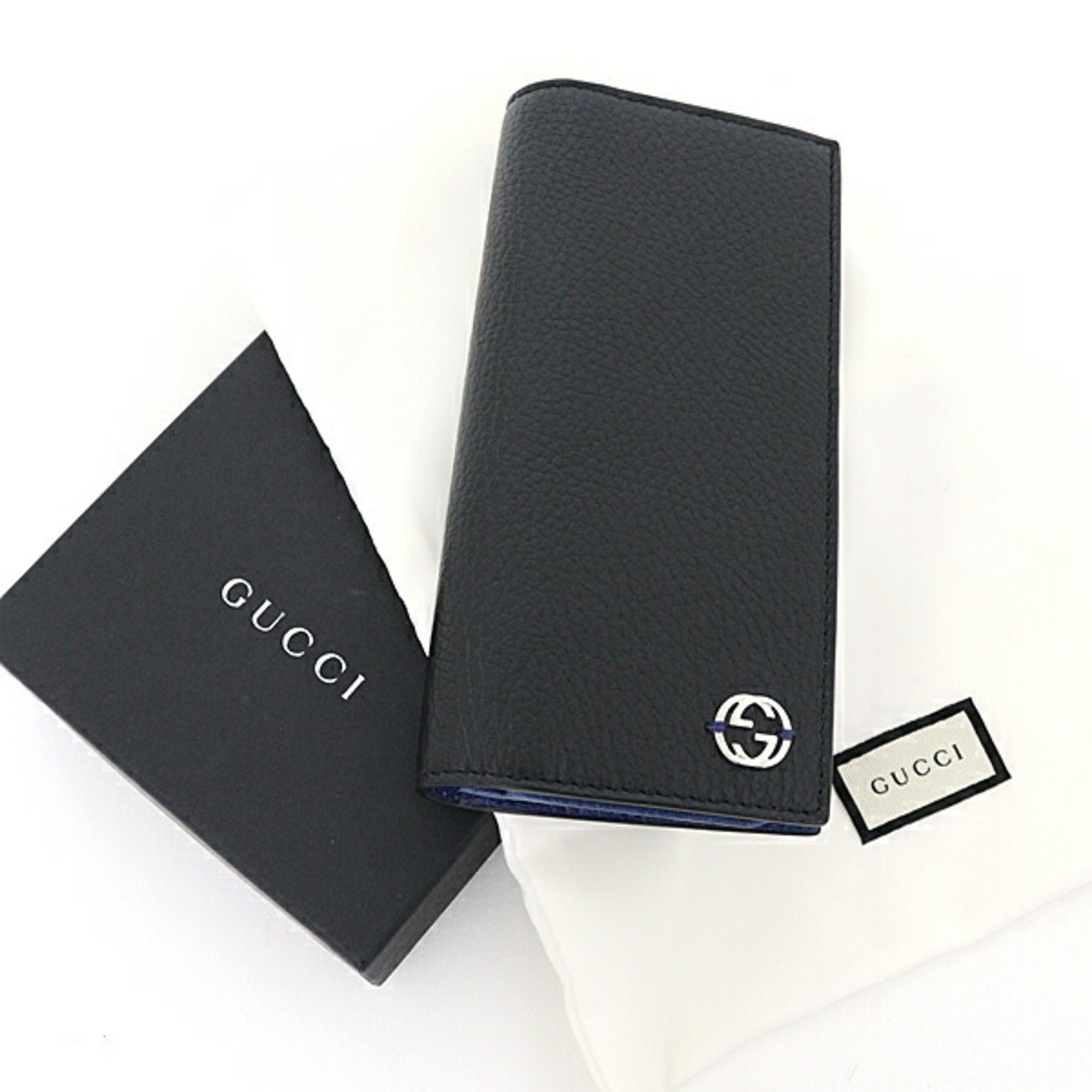 GUCCI Interlocking G Bi-fold Long Wallet Outlet Leather 610467 Black/Blue Bicolor