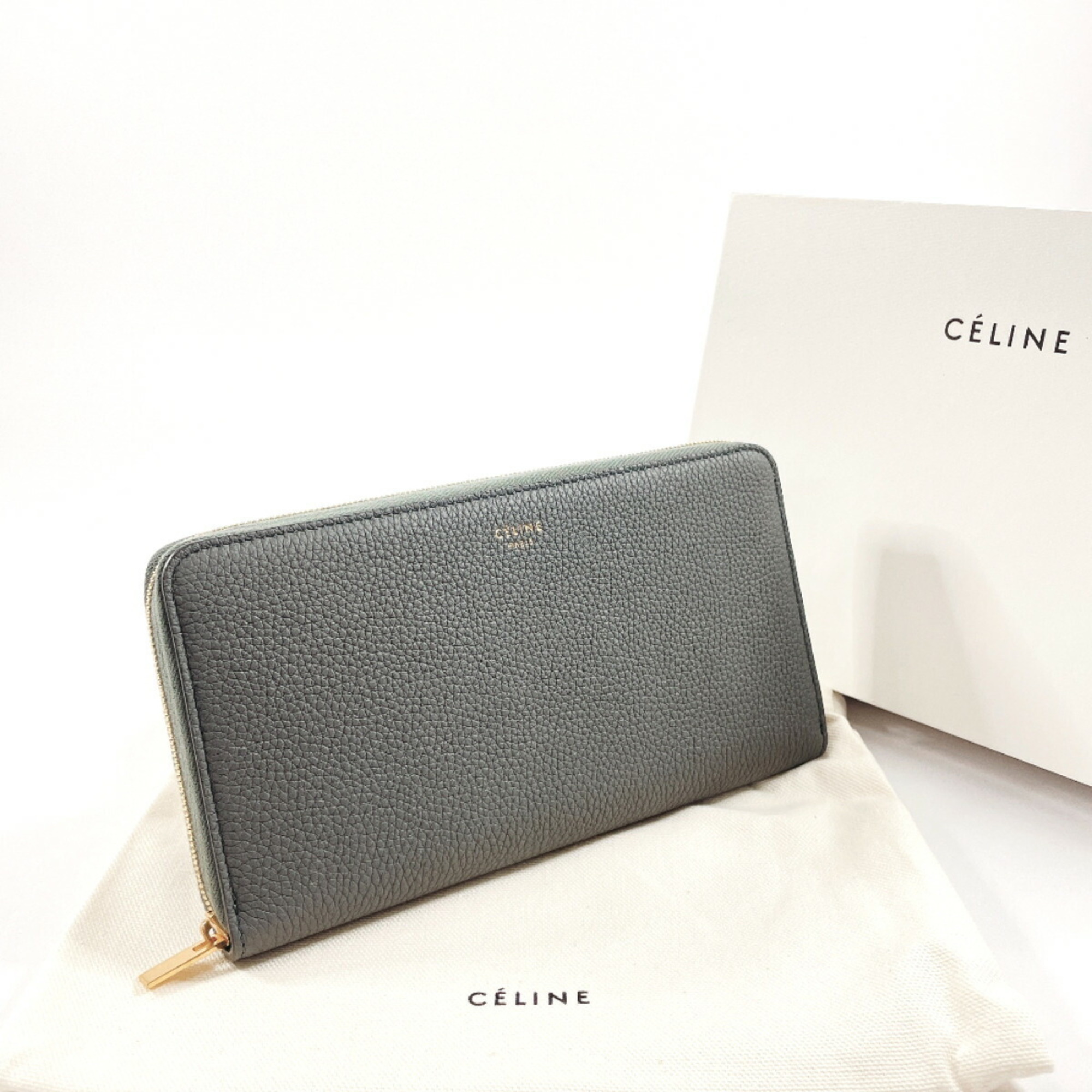 CELINE Large Zipped Multi-Function Round 105003 Long Wallet Leather Grey Women's