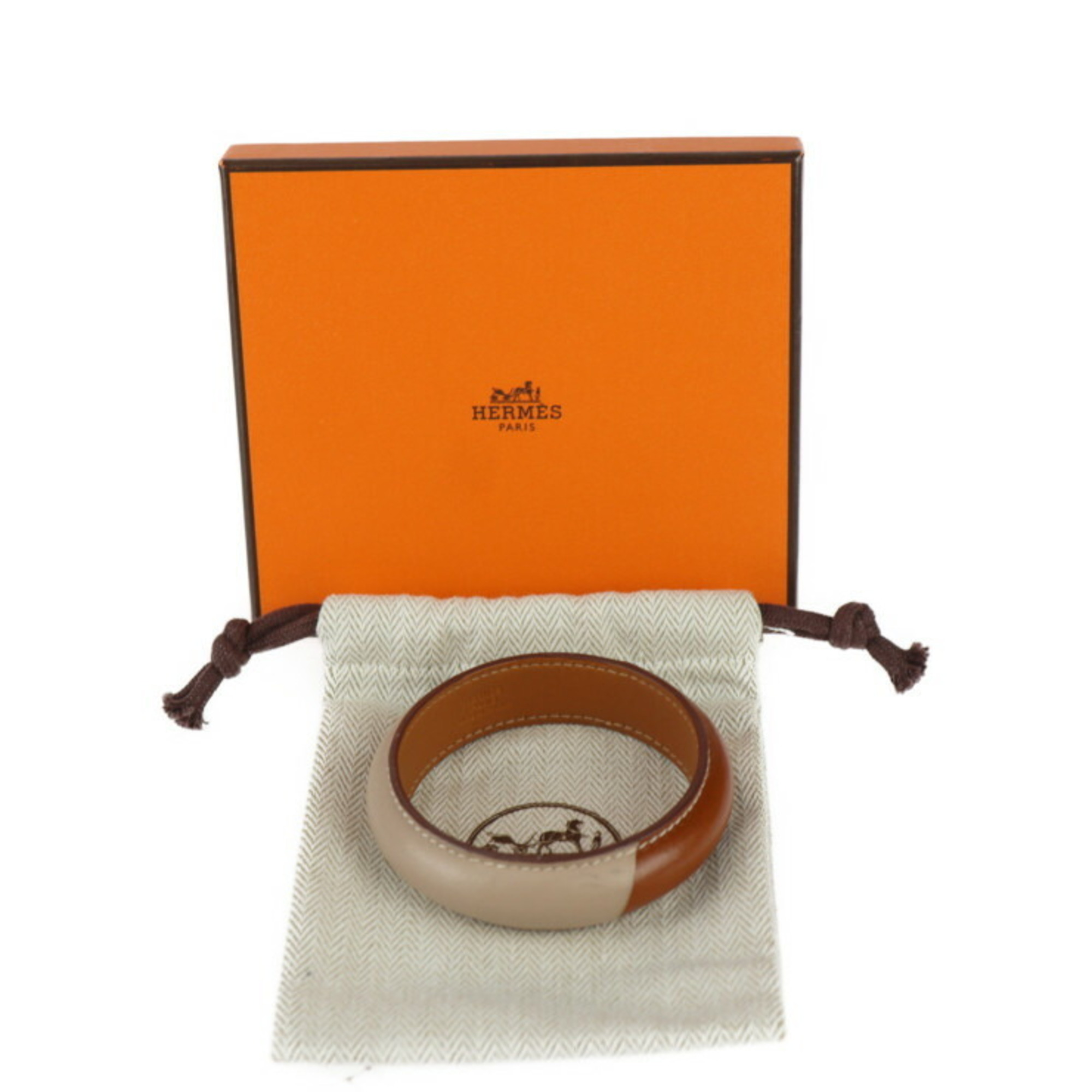 HERMES Hermes Leather Bangle Size S Brown Beige Bicolor □Q Engraved