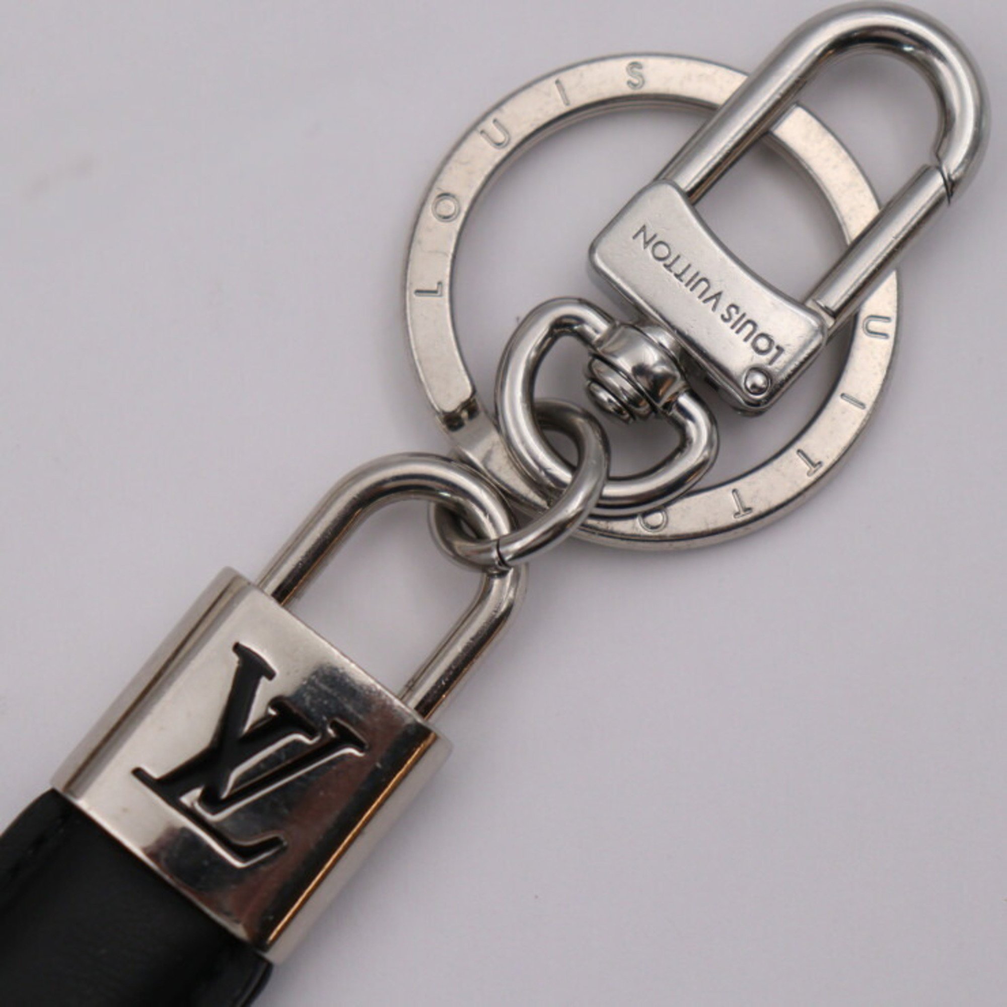 LOUIS VUITTON Louis Vuitton Dragonne LV Padlock Keychain M00745 Leather Metal Black Silver Keyring