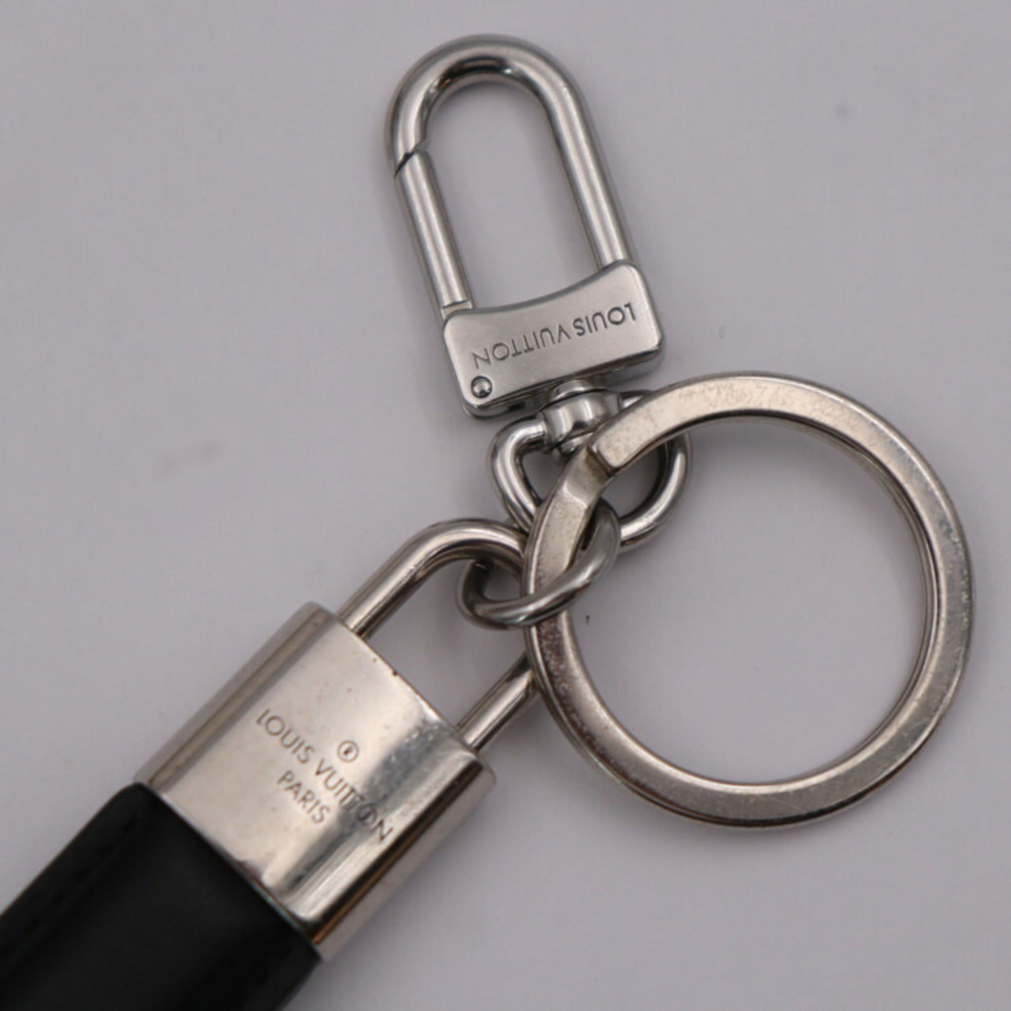 LOUIS VUITTON Louis Vuitton Dragonne LV Padlock Keychain M00745 Leather Metal Black Silver Keyring