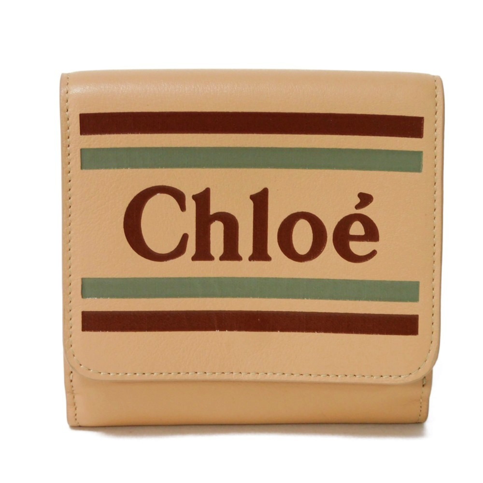 Chloé Chloe Bi-fold Wallet Vic Stripe Smooth Calf W Compact Light Brown CHC19SP066A88 Women's Billfold