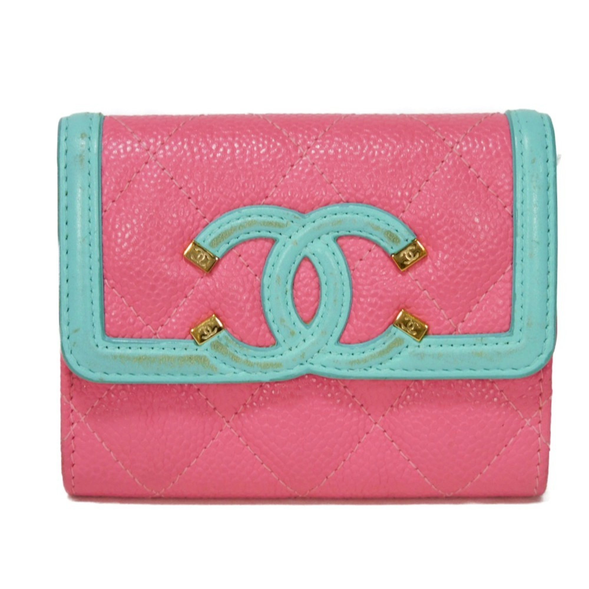 CHANEL Card Case CC Filigree Holder Caviar Skin Pink Pastel Blue Green Compact Wallet 27 Series Women's