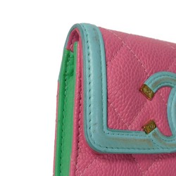 CHANEL Card Case CC Filigree Holder Caviar Skin Pink Pastel Blue Green Compact Wallet 27 Series Women's