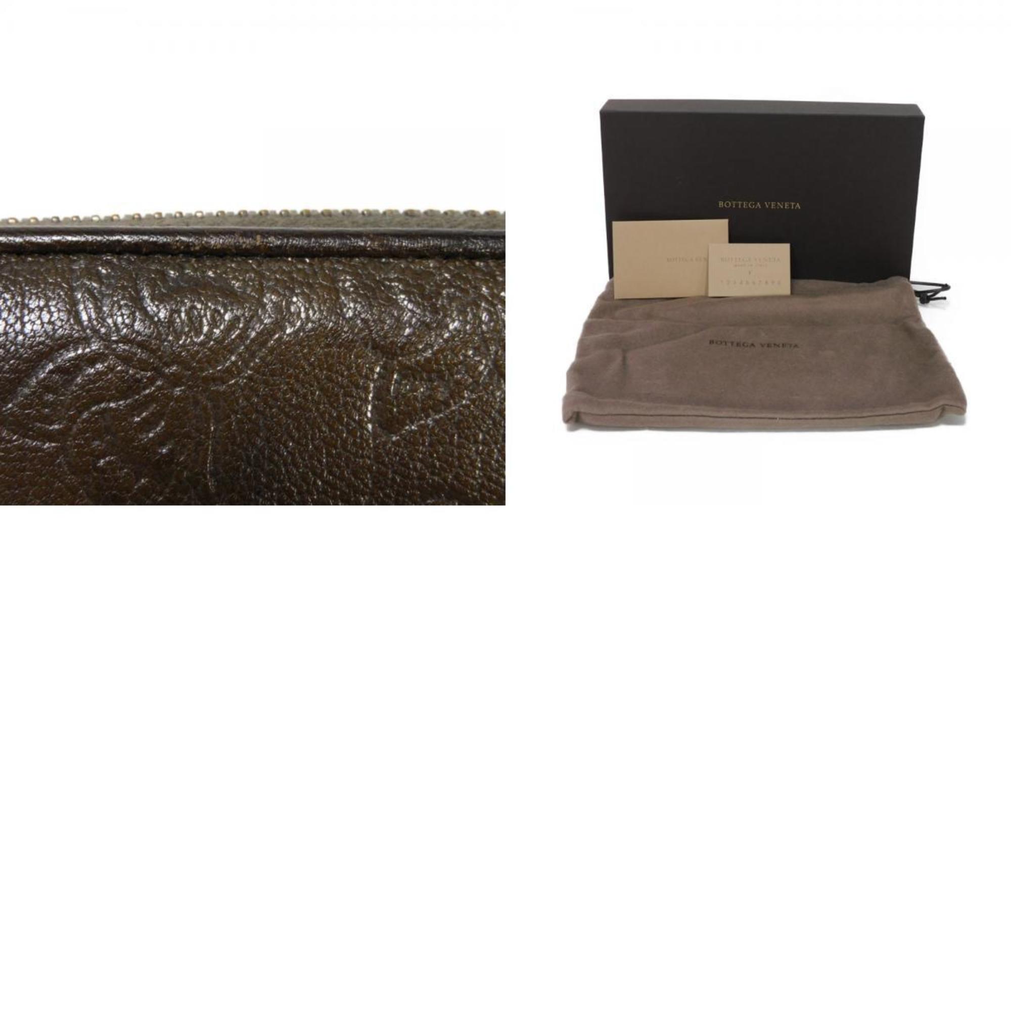 Bottega Veneta Long Wallet Zip Around Butterfly Engraved Round Embossed Calfskin Brown Men's Women's Bill Compartment