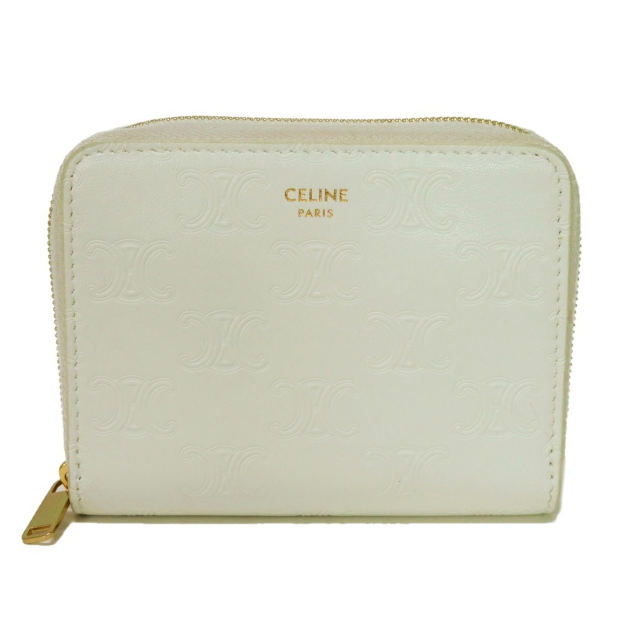 CELINE Coin Case Small Zip Wallet New Foil Stamping Compact Triomphe Embossed White 10B663BFU.01BC Men's Women's