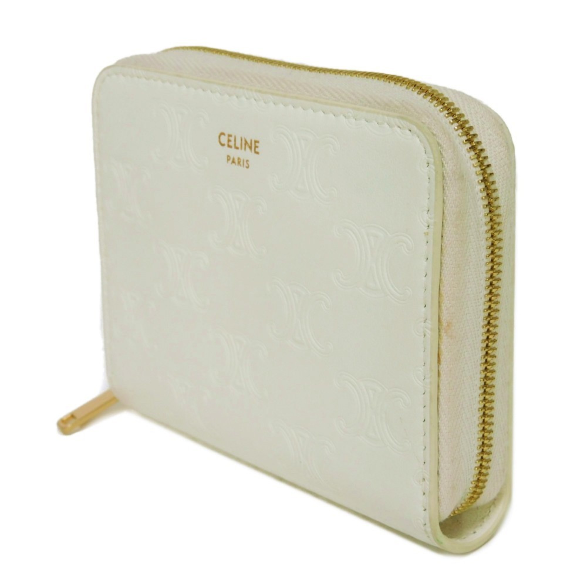 CELINE Coin Case Small Zip Wallet New Foil Stamping Compact Triomphe Embossed White 10B663BFU.01BC Men's Women's