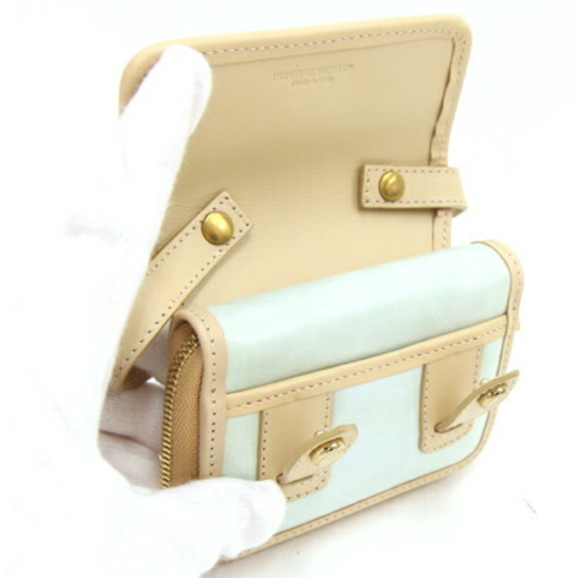 HUNTING WORLD Coin Case Light Blue Beige Battue Cloth Leather Round Purse with Handle for Women and Men