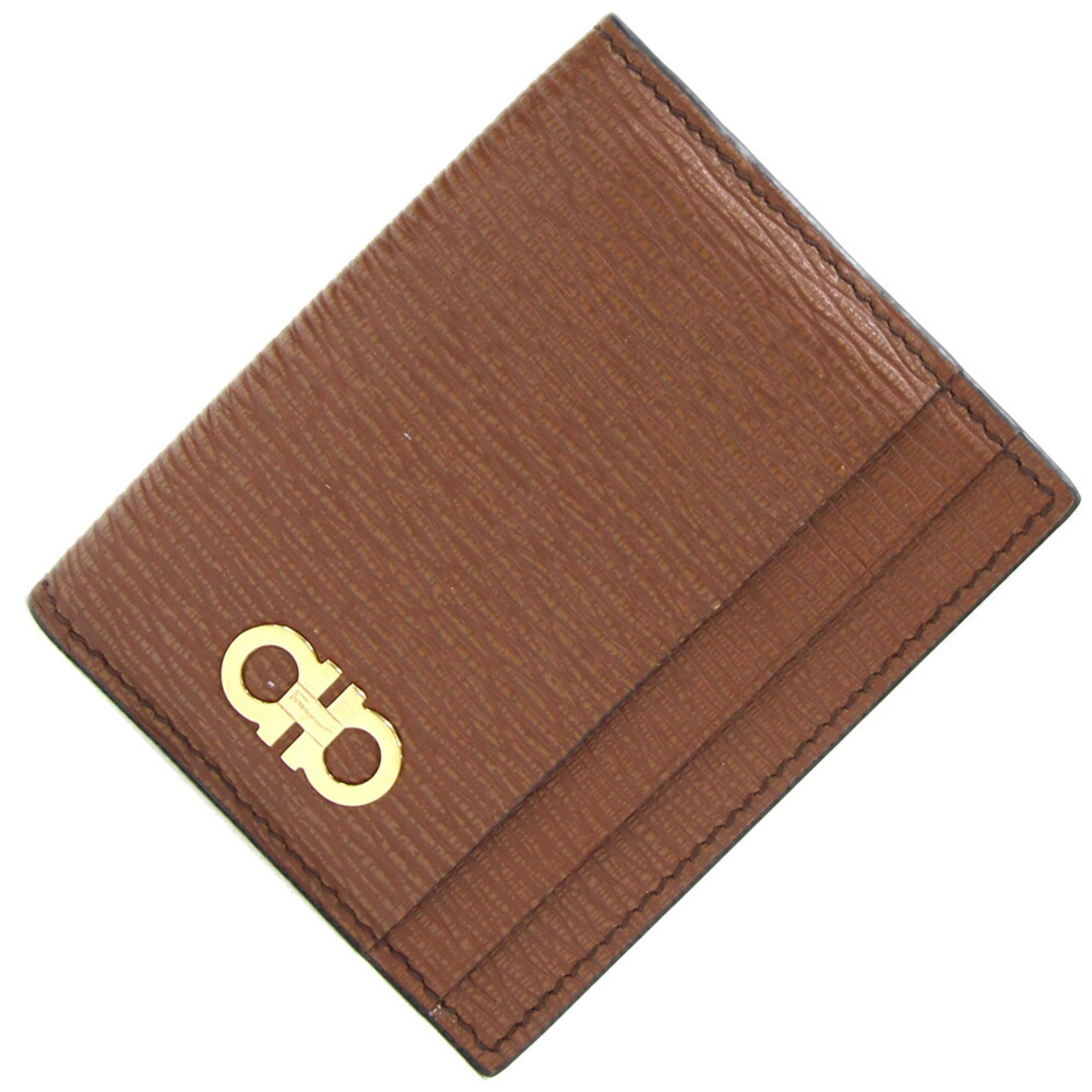 Salvatore Ferragamo Bi-fold Card Case 660371 Double Gancini Brown Leather Compact Women Men