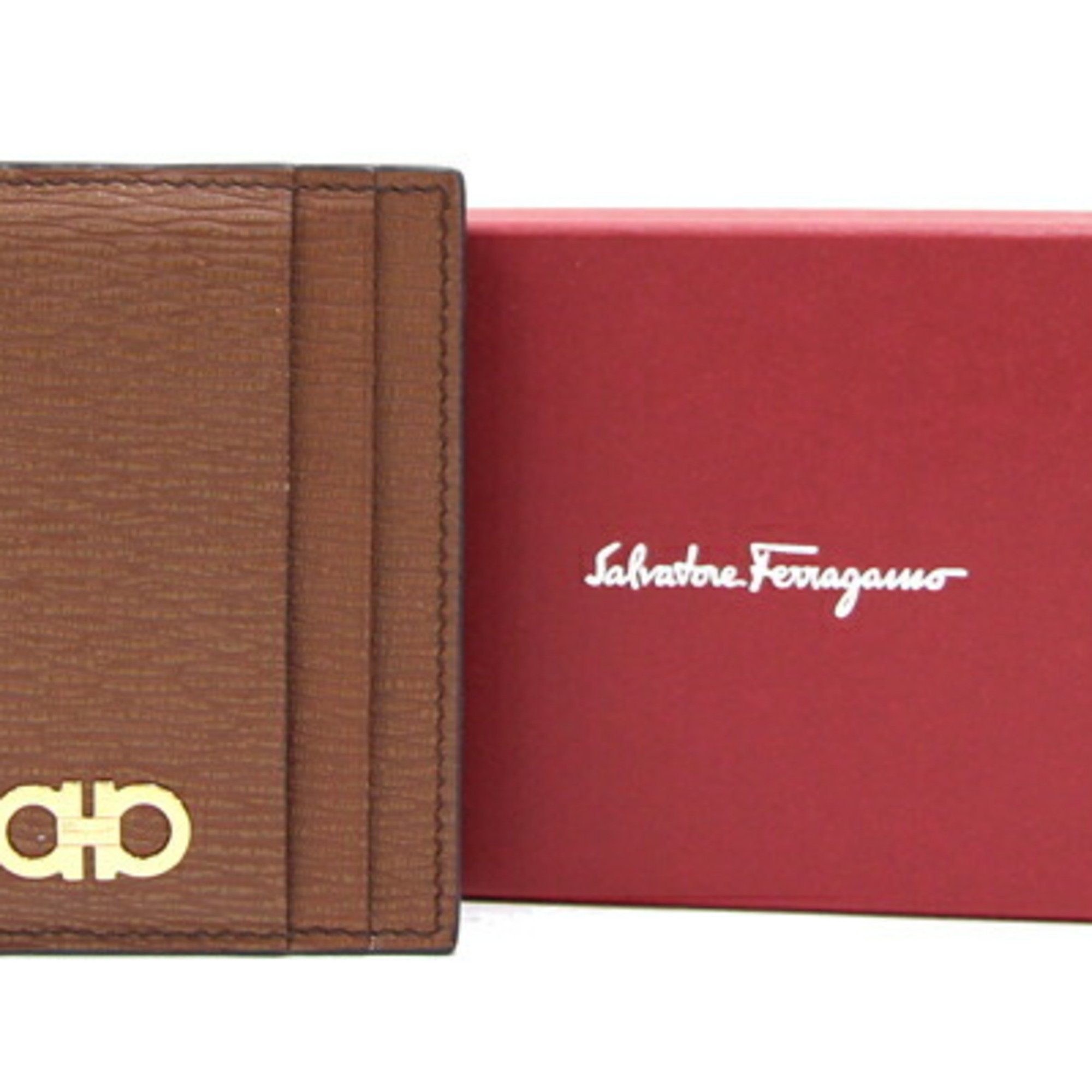 Salvatore Ferragamo Bi-fold Card Case 660371 Double Gancini Brown Leather Compact Women Men