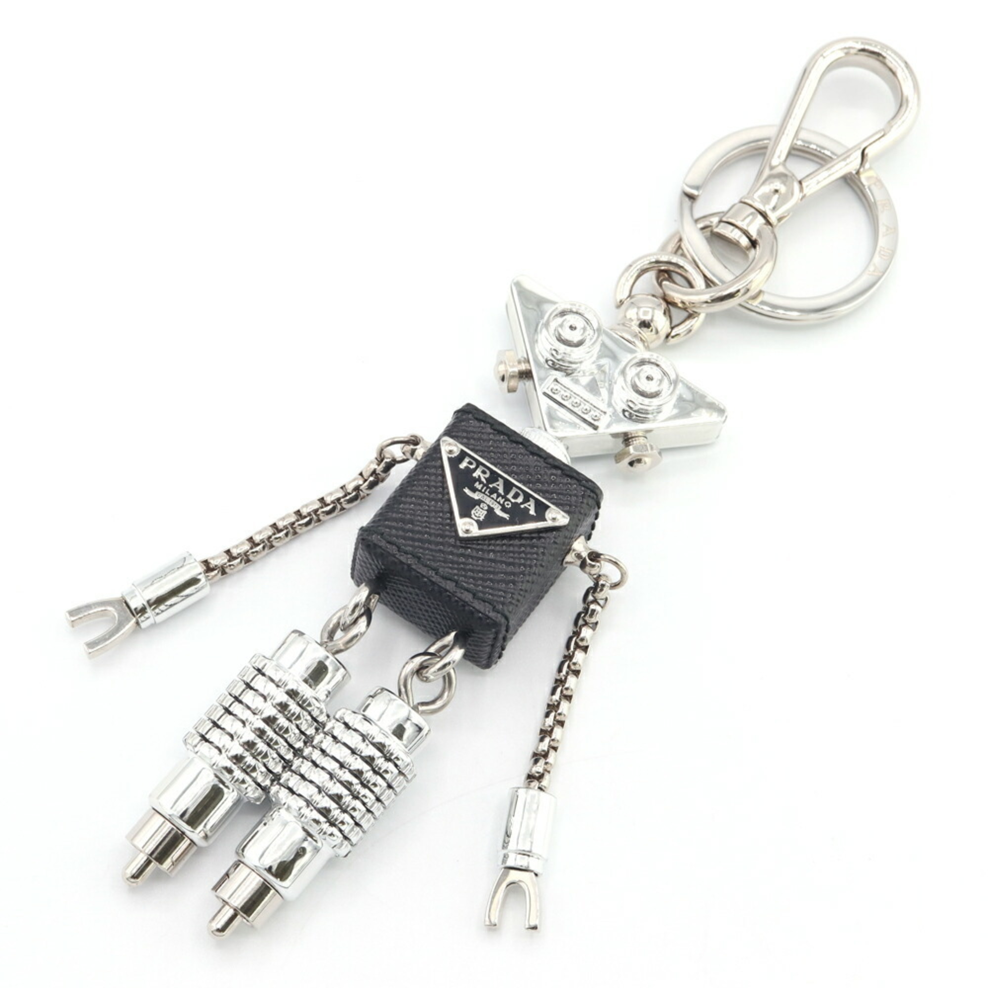 Prada Keychain Saffiano Leather Robot Trick 1TR102 Silver Black Metal Keyring Bag Charm Women's PRADA