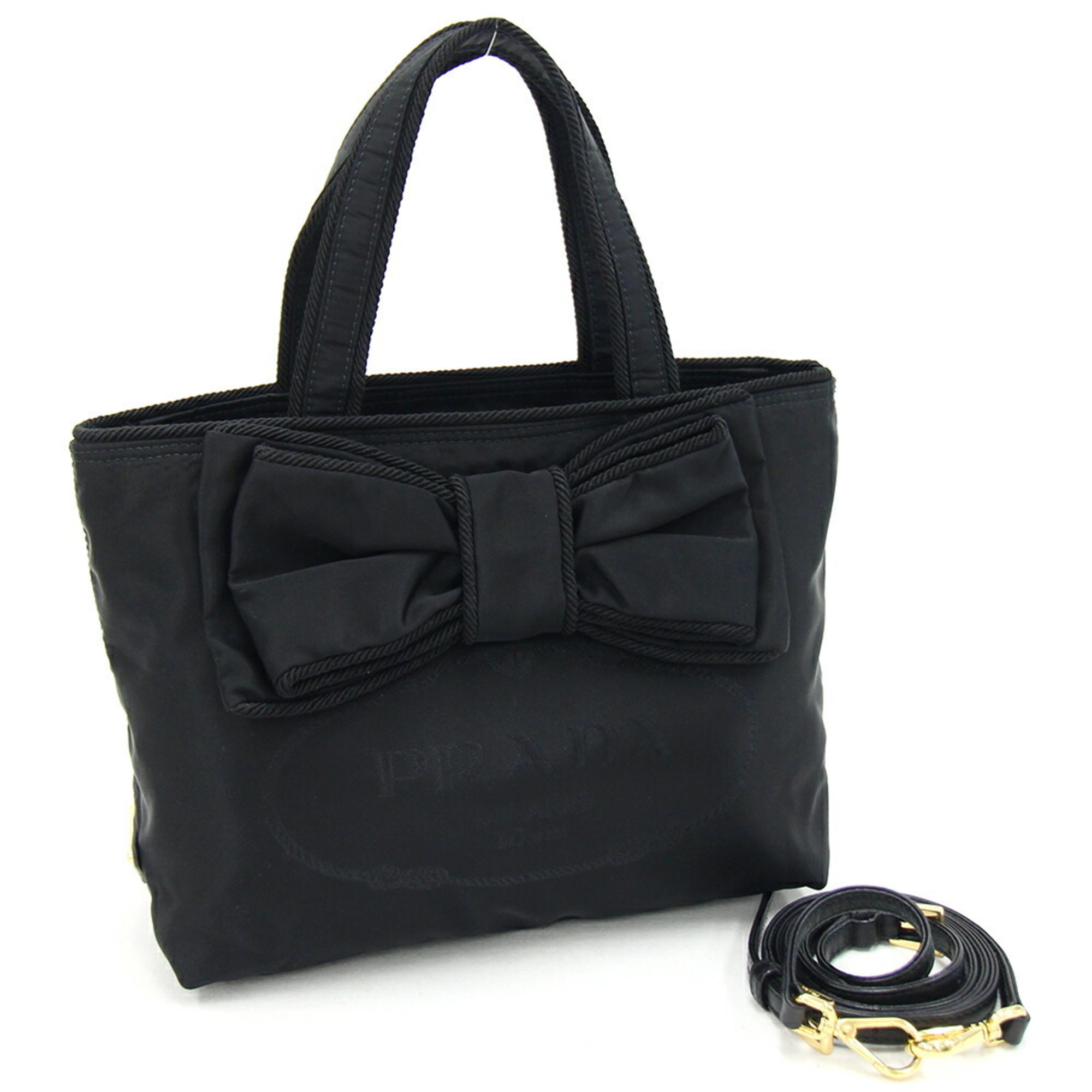 Prada Handbag 1BA084 Black Nylon Leather Ribbon Women's PRADA