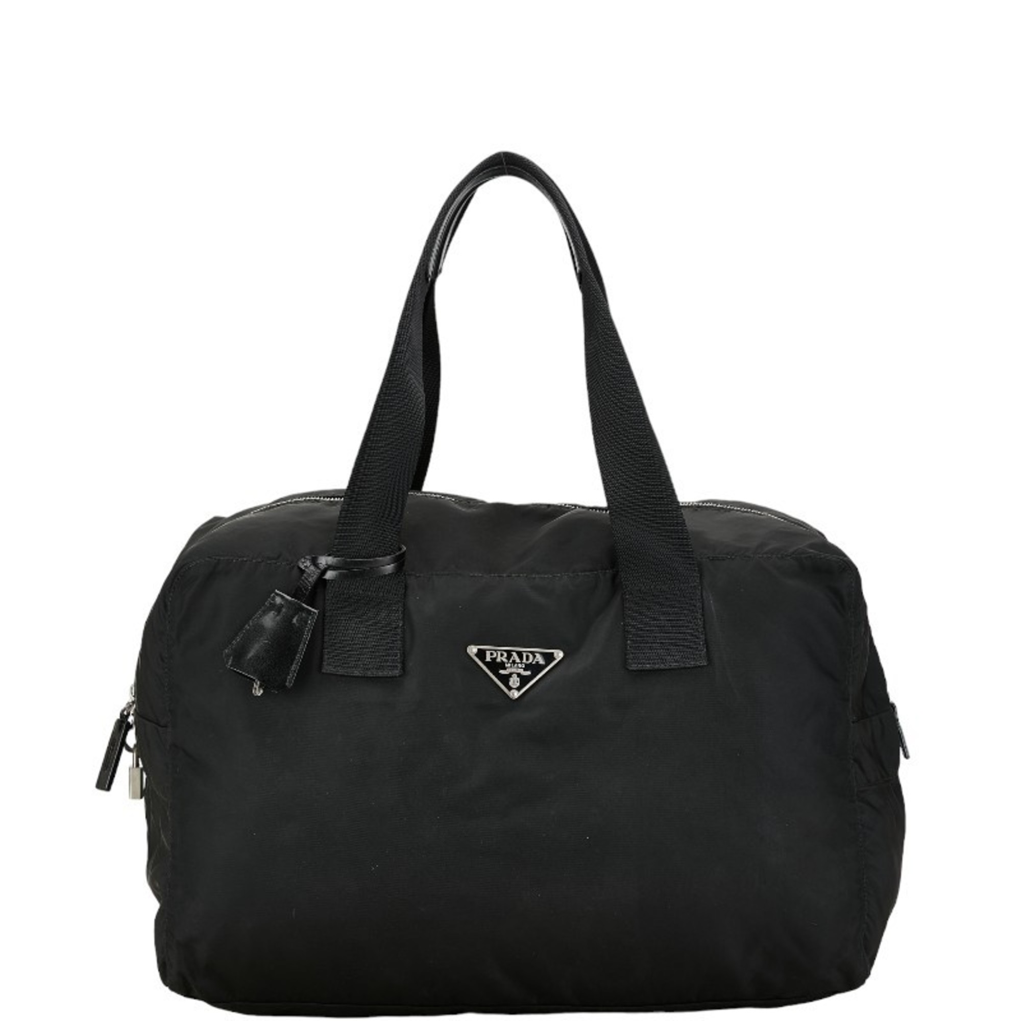 Prada Triangle Plate Boston Bag Handbag Black Nylon Women's PRADA