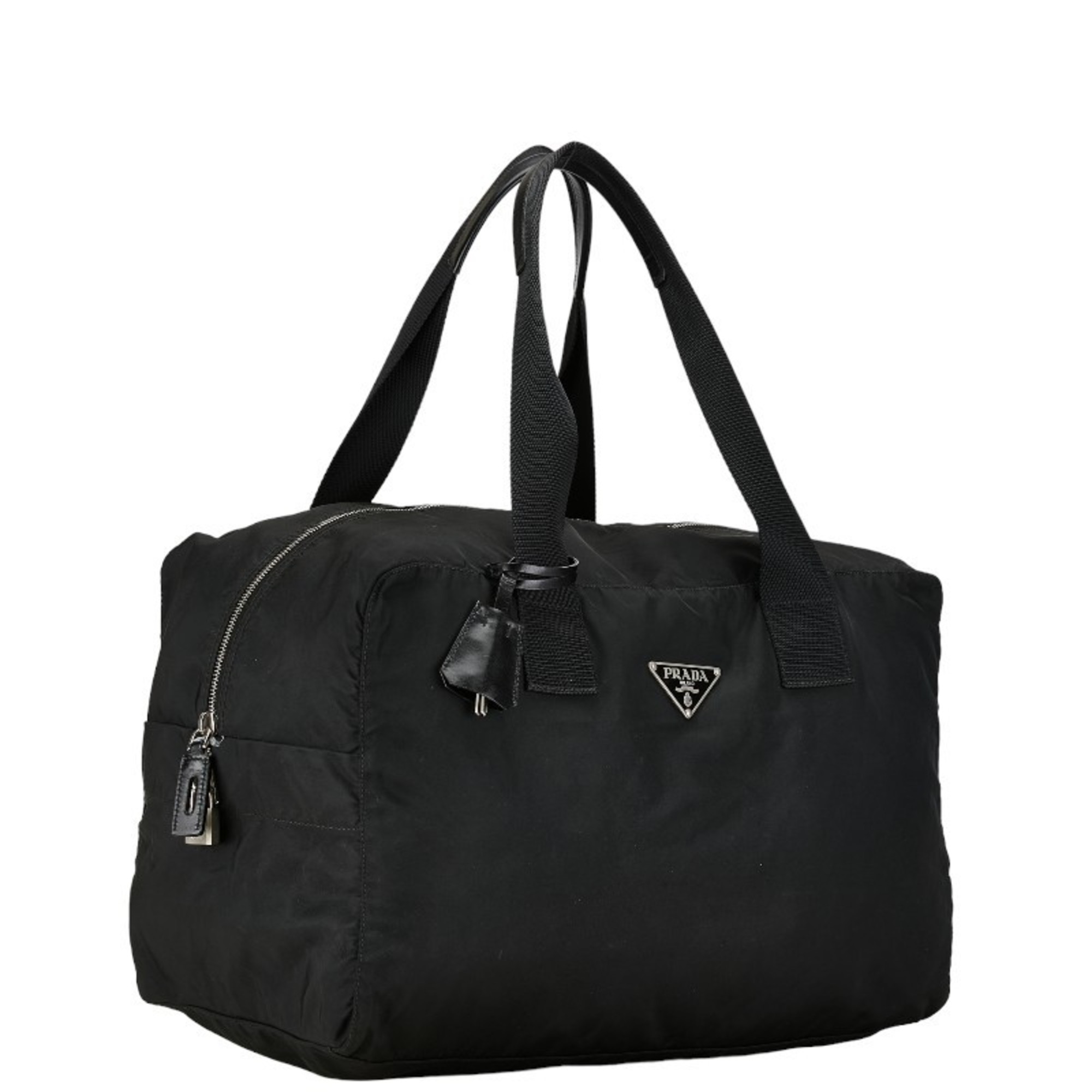 Prada Triangle Plate Boston Bag Handbag Black Nylon Women's PRADA