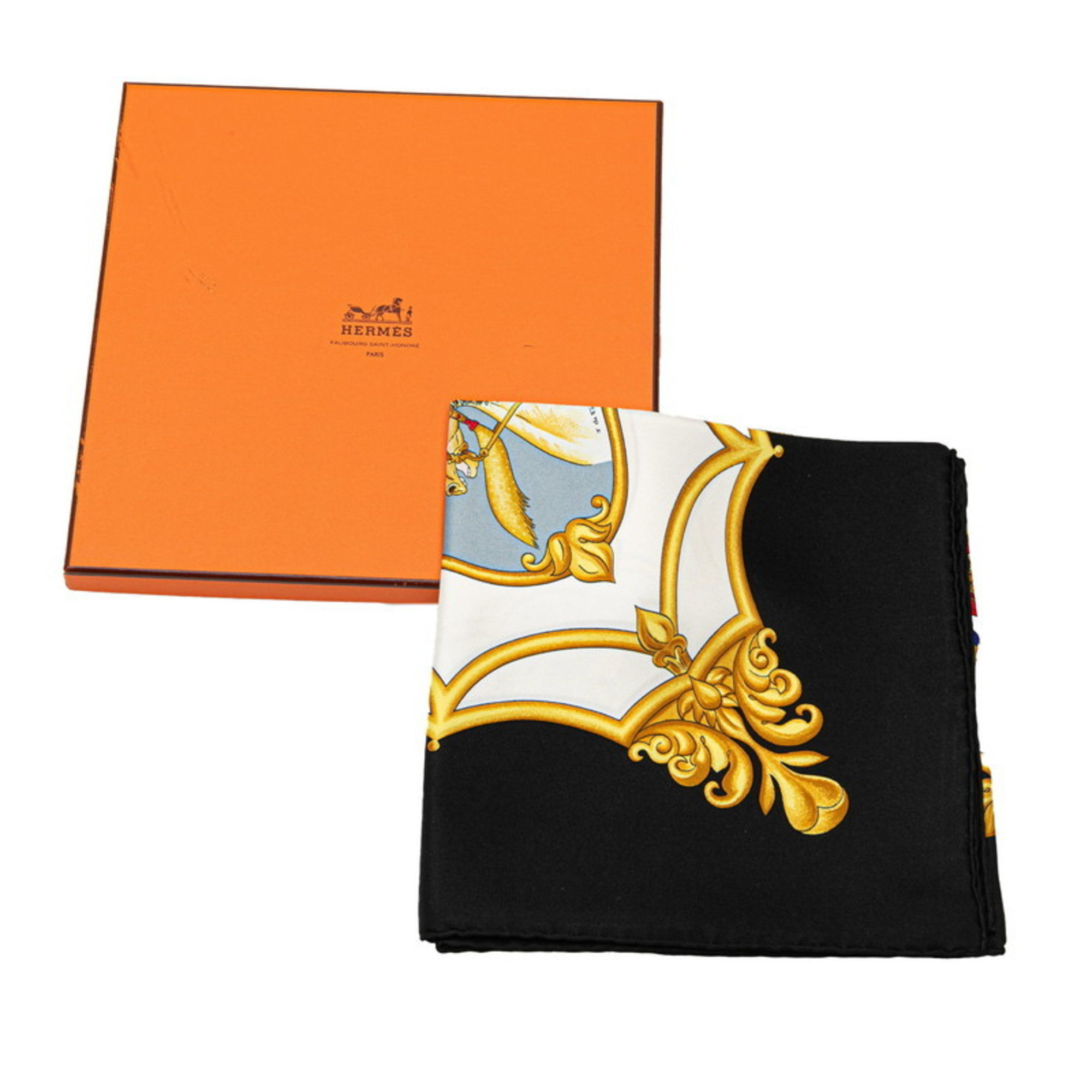 Hermes Carré 90 LES CHEVAUX DES MOGHOLS Mughal Horses Scarf Muffler Black Multicolor Silk Women's HERMES