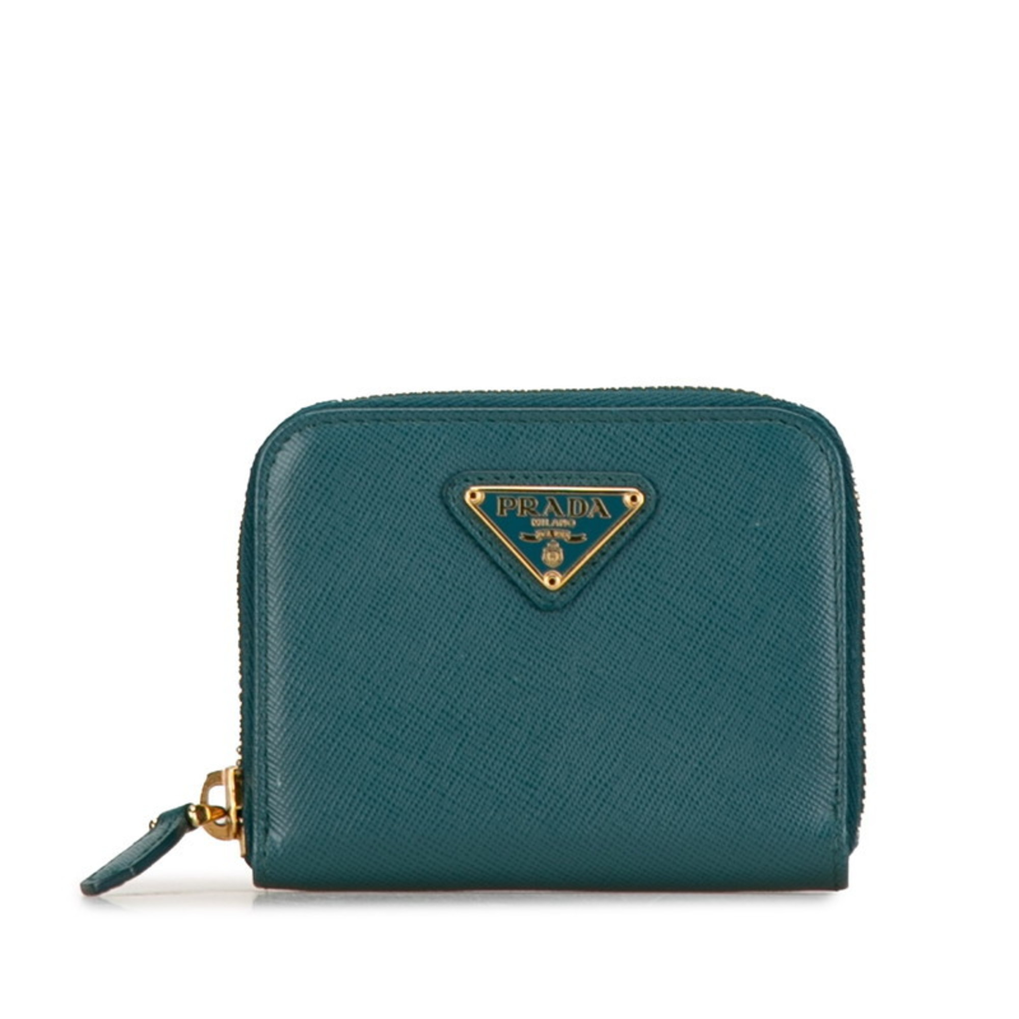 Prada Triangle Plate Saffiano Coin Case 1M0268 Turquoise Green Leather Women's PRADA