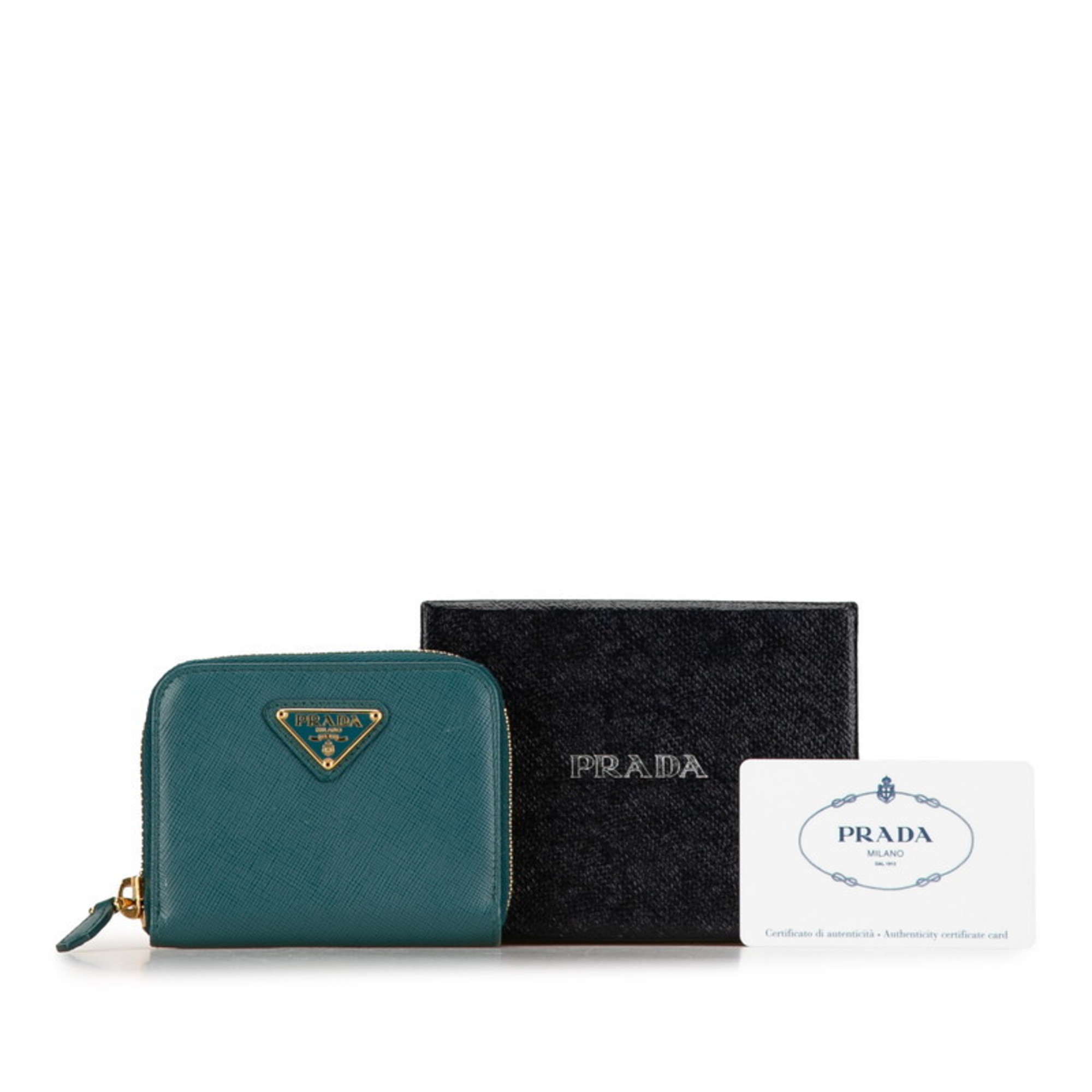 Prada Triangle Plate Saffiano Coin Case 1M0268 Turquoise Green Leather Women's PRADA