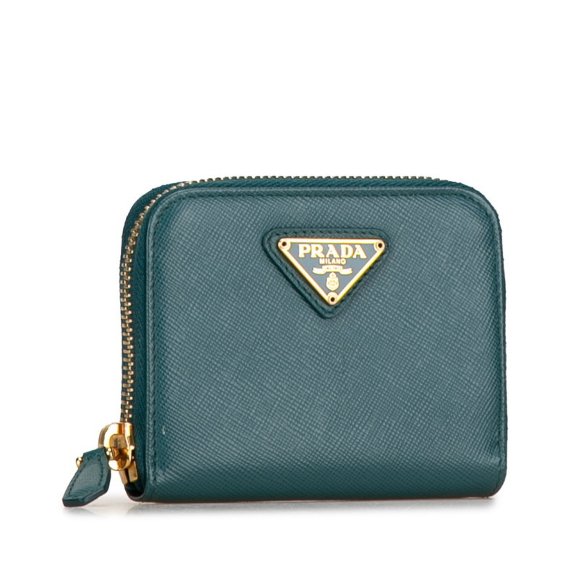 Prada Triangle Plate Saffiano Coin Case 1M0268 Turquoise Green Leather Women's PRADA