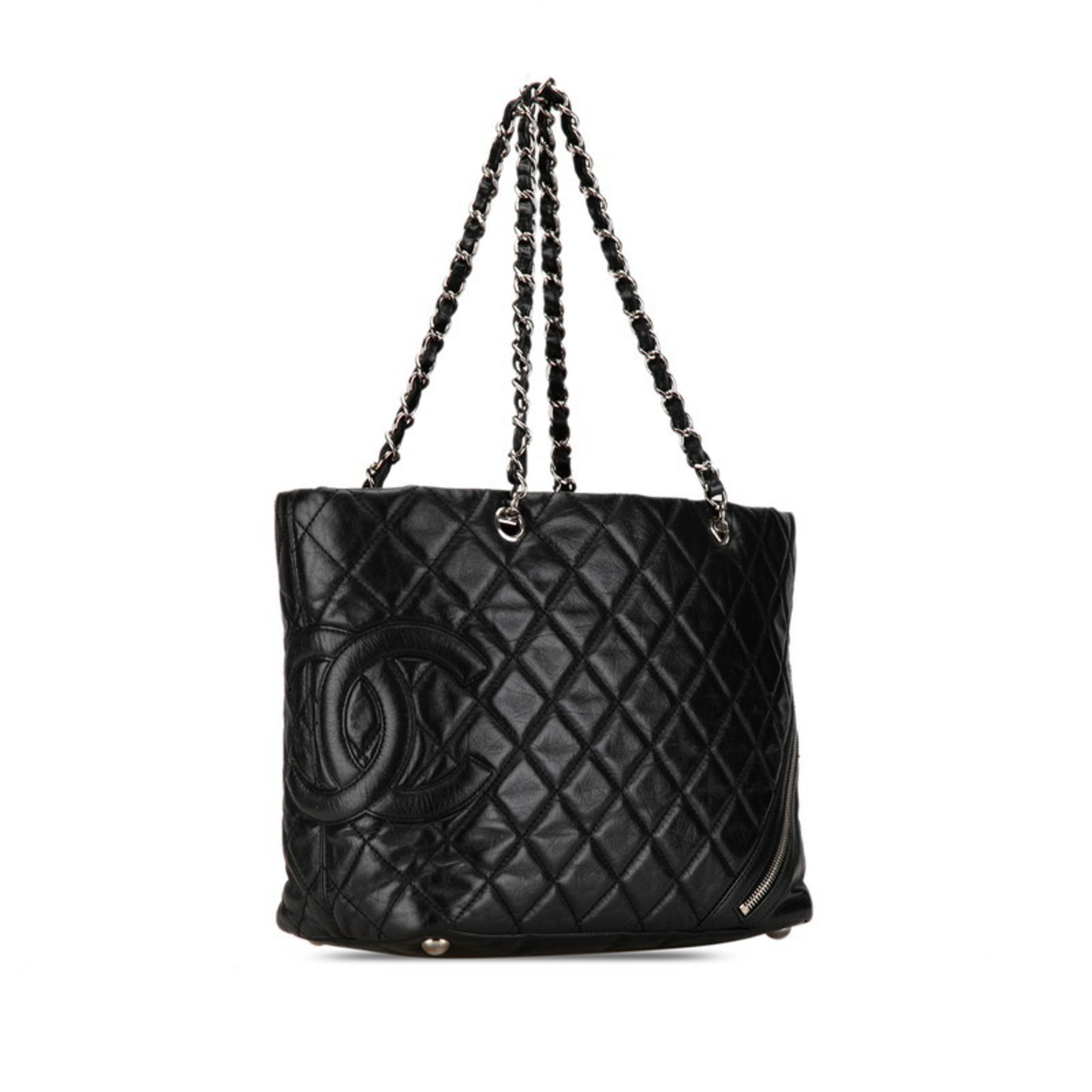 Chanel Coco Mark Cambon Chain Handbag Tote Bag Black Silver Leather Women's CHANEL