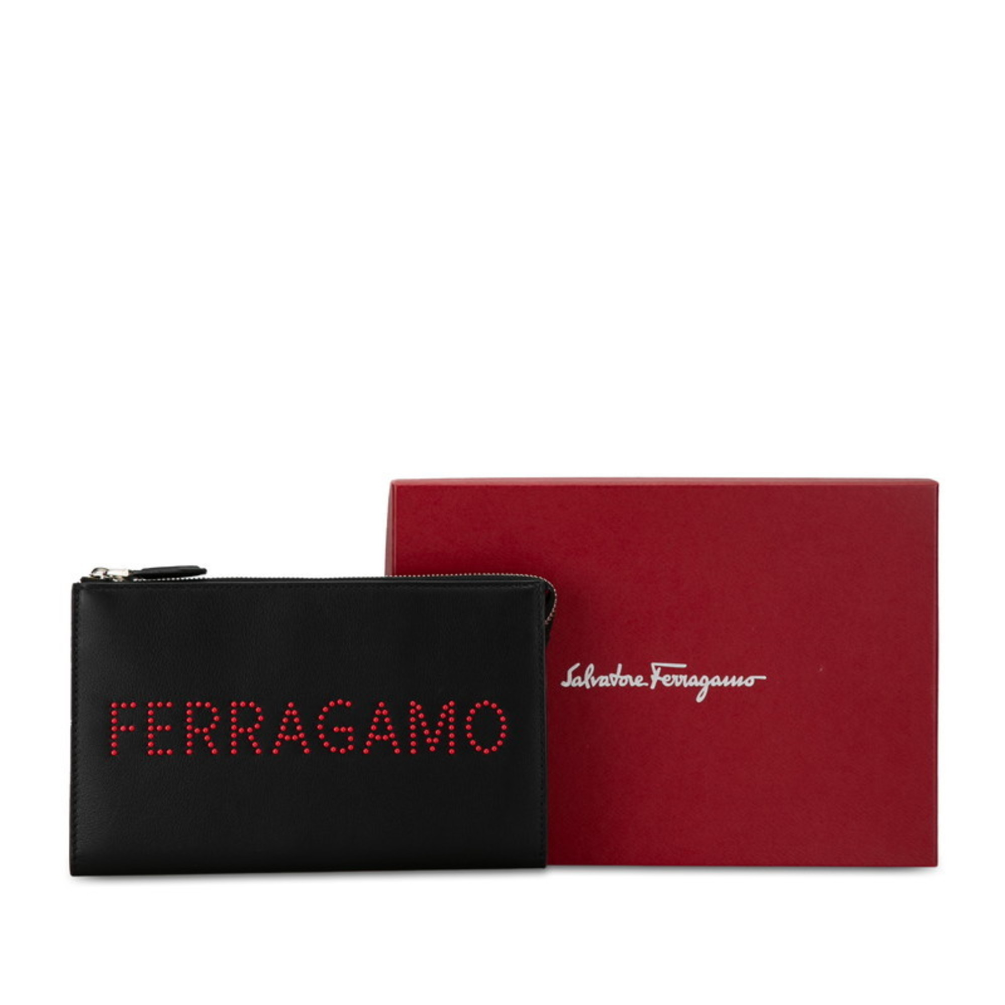 Salvatore Ferragamo Clutch Bag Second Black Red Leather Women's