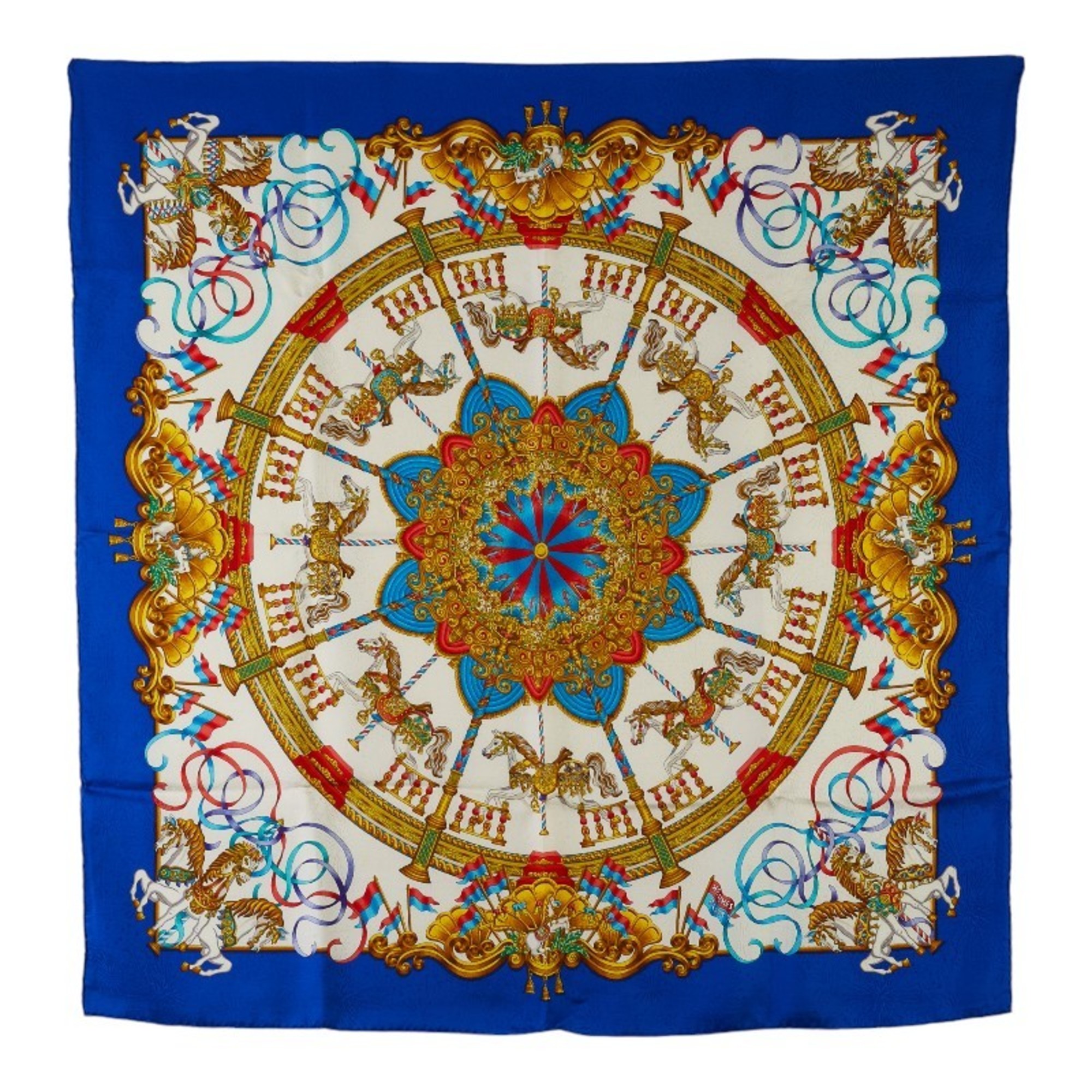 Hermes Carre 90 LUNA PARK Amusement Park Merry-go-round Carousel Scarf Muffler Blue White Multicolor Silk Women's HERMES