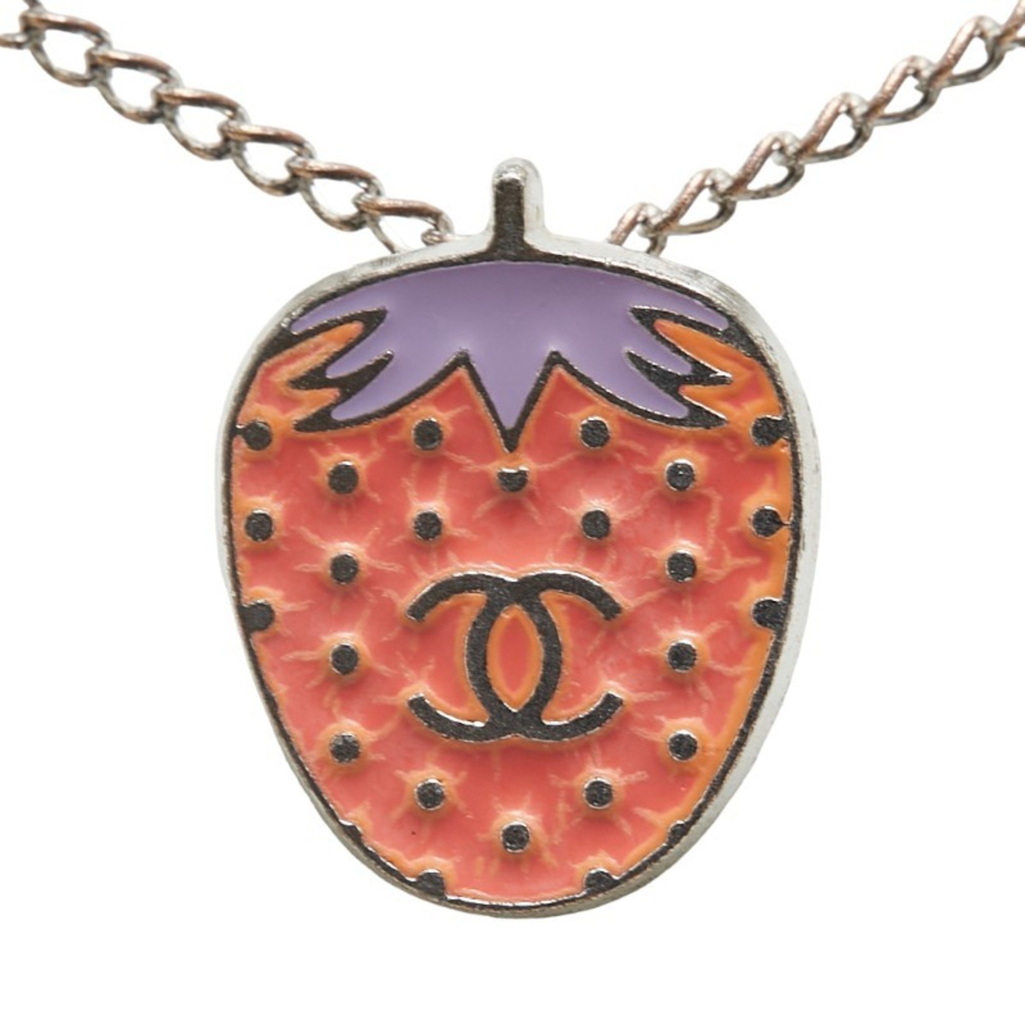 Chanel Coco Mark Strawberry Motif Necklace Silver Pink Metal Women's CHANEL