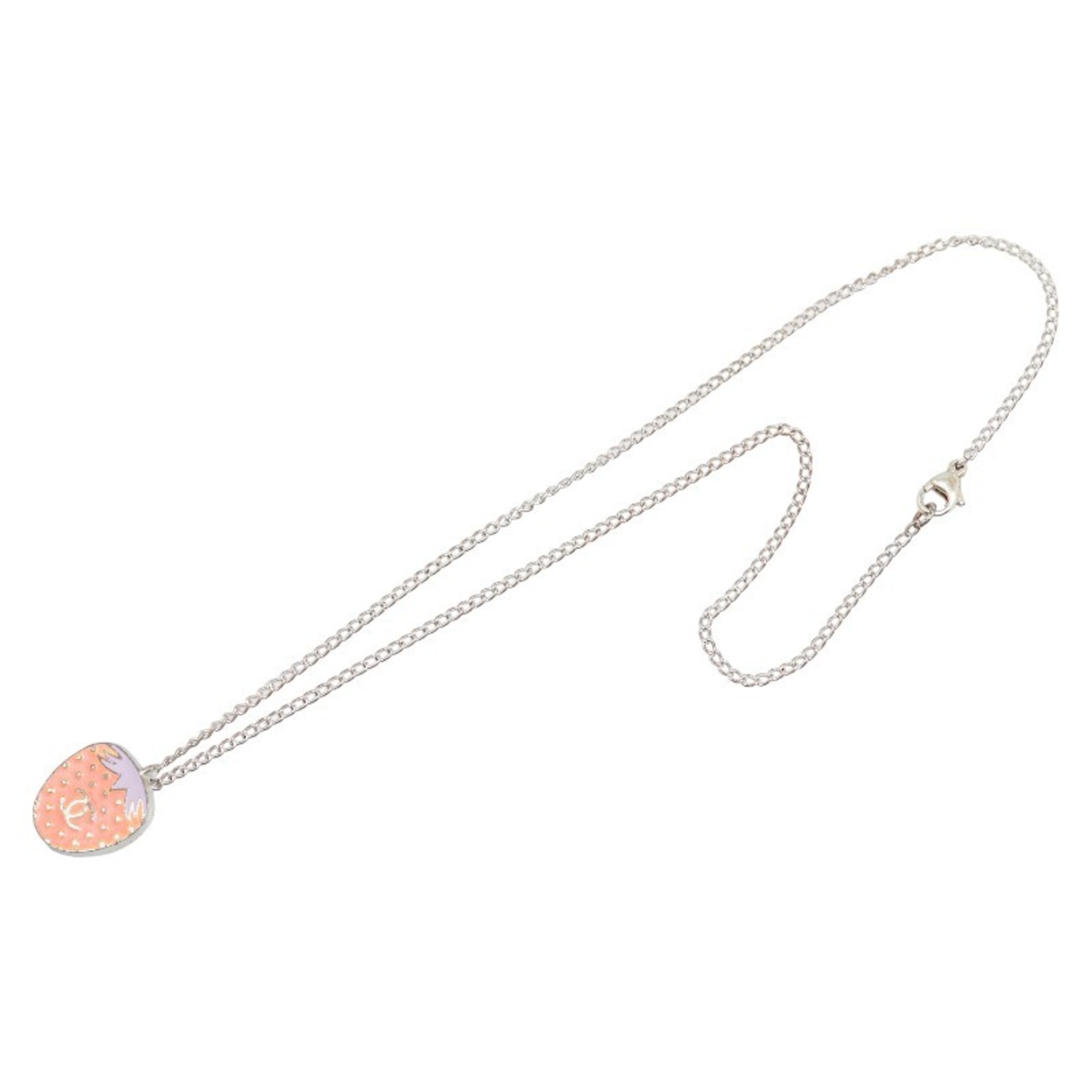 Chanel Coco Mark Strawberry Motif Necklace Silver Pink Metal Women's CHANEL