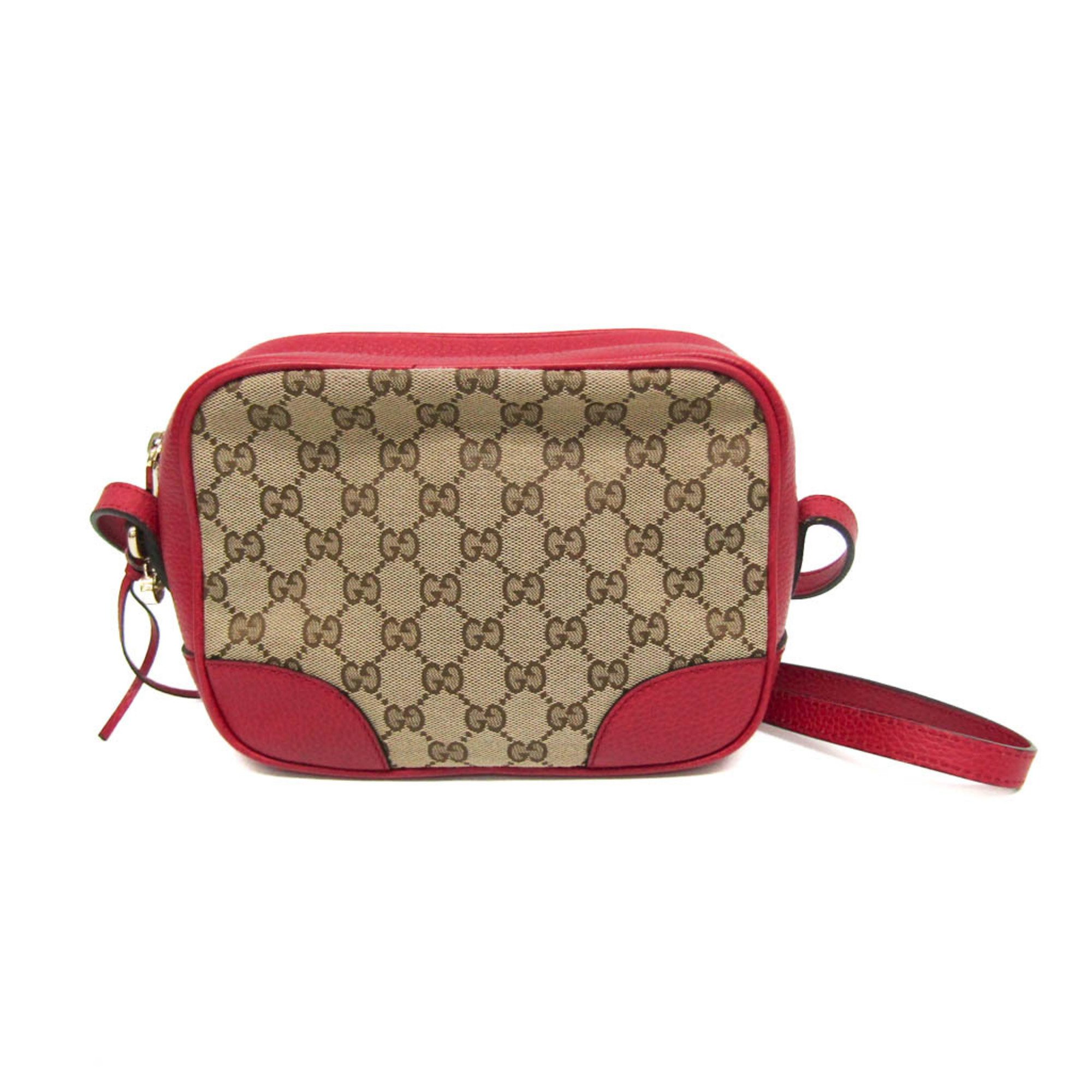 Gucci GG Canvas 449413 Women's Canvas,Leather Shoulder Bag Beige,Red Color