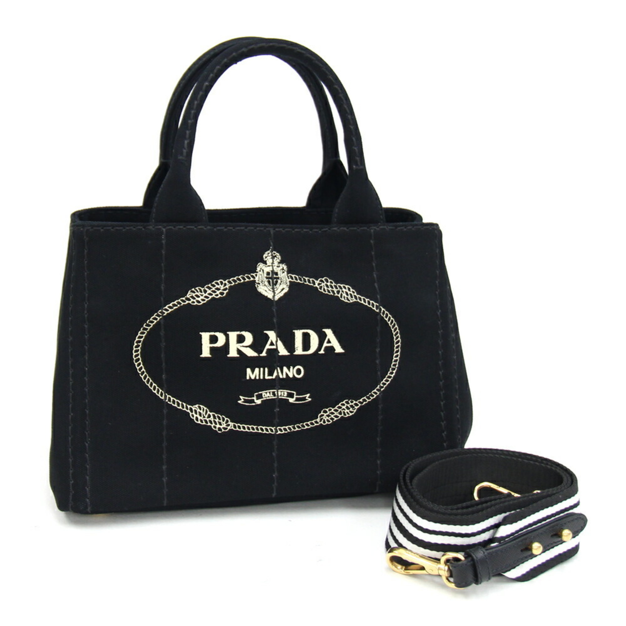 Prada Handbag Canapa 1BG439 Black Canvas Shoulder Stripe Women's PRADA