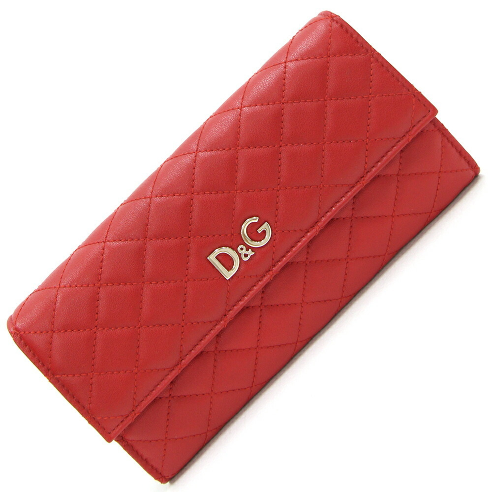 Dolce & Gabbana Bi-fold Long Wallet DPD389 Red Leather D&G Quilting Women's DOLCE＆GABBANA