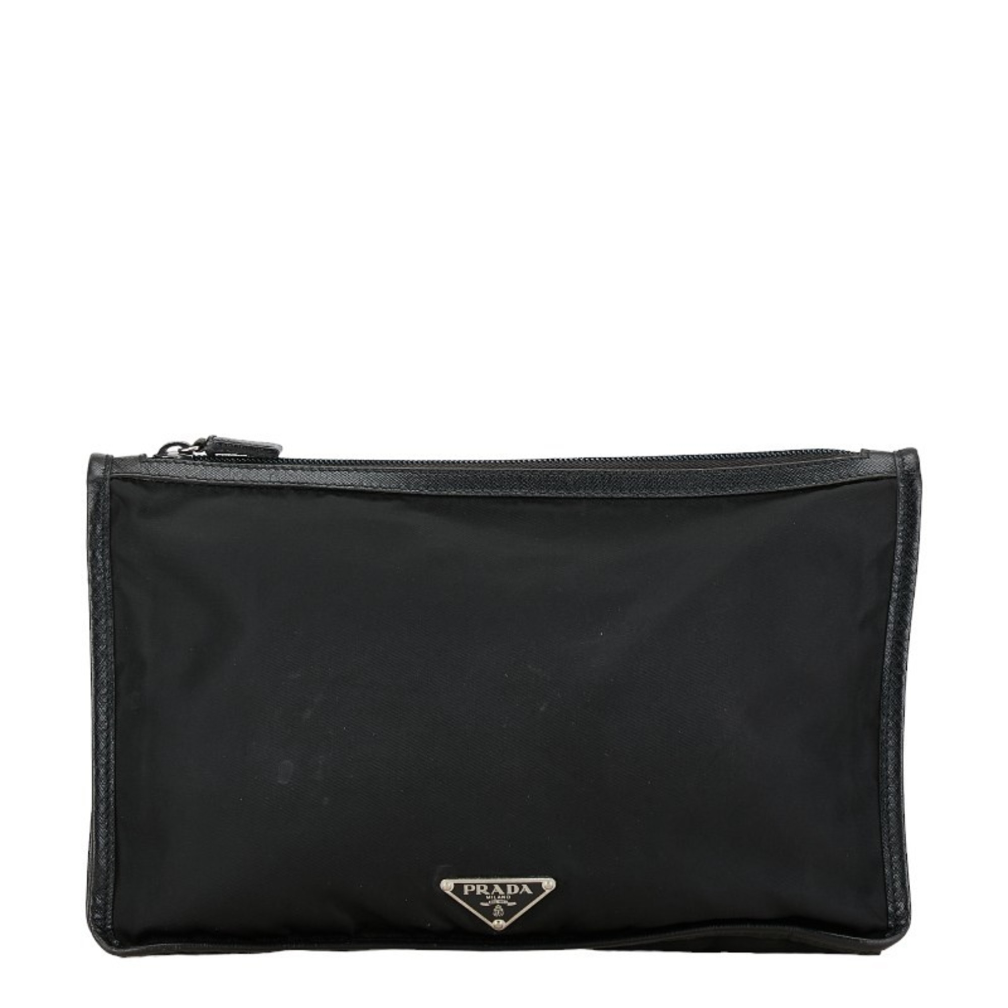 Prada Triangle Plate Clutch Bag Second Black Nylon Leather Women's PRADA