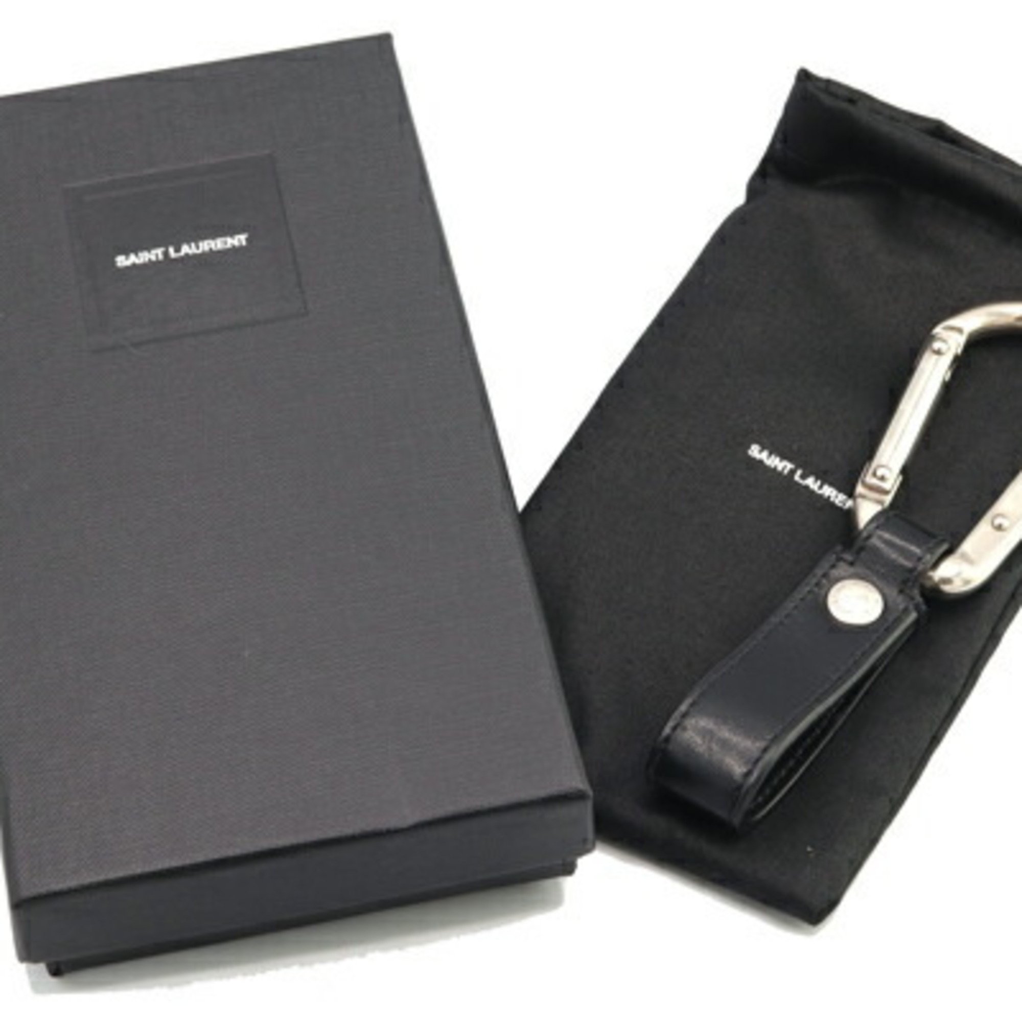 Saint Laurent Keychain Black Silver Leather Metal Carabiner Hook Key Men's SAINT LAURENT PARIS