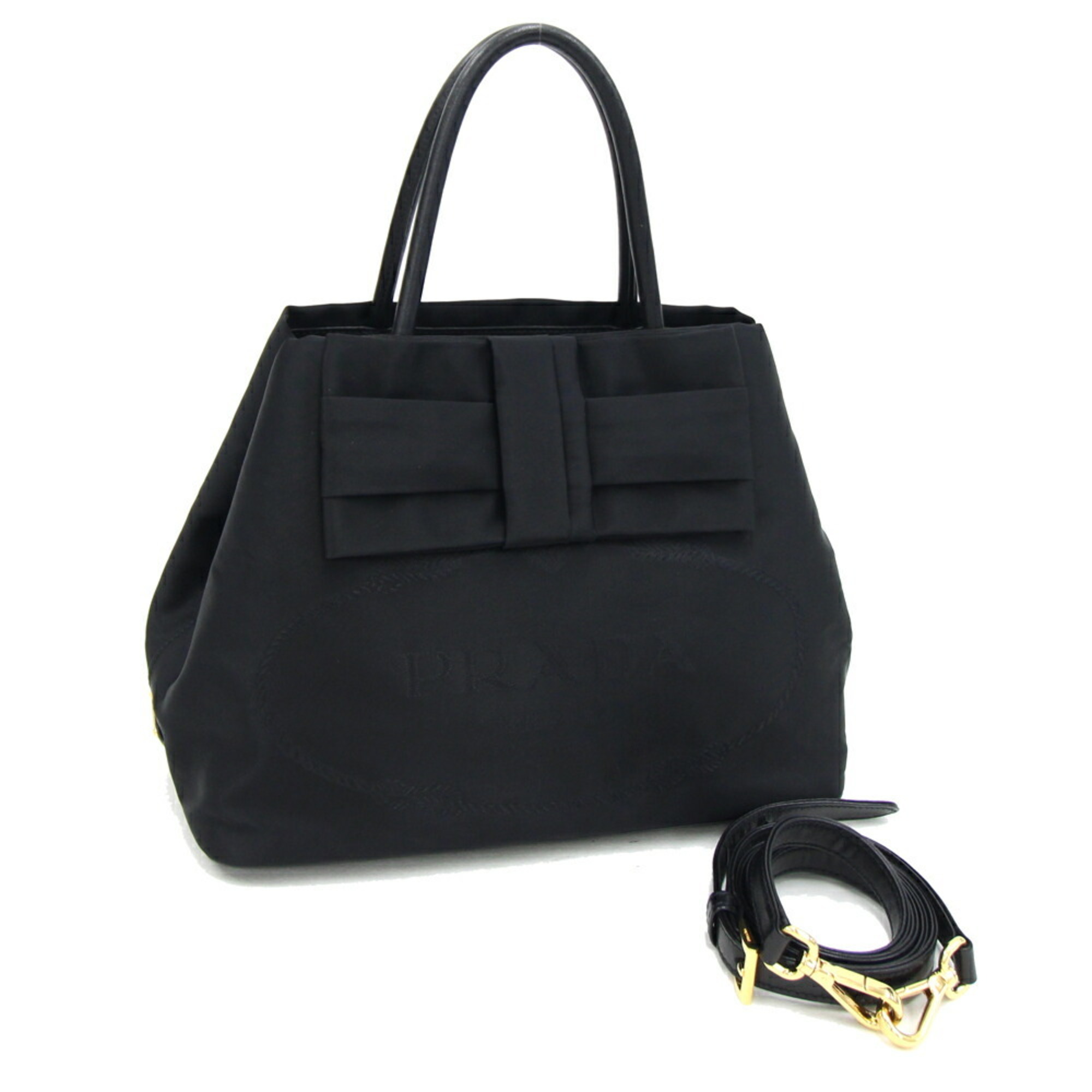 Prada Handbag 1BG068 Black Nylon Leather Shoulder Bag Ribbon Women's PRADA