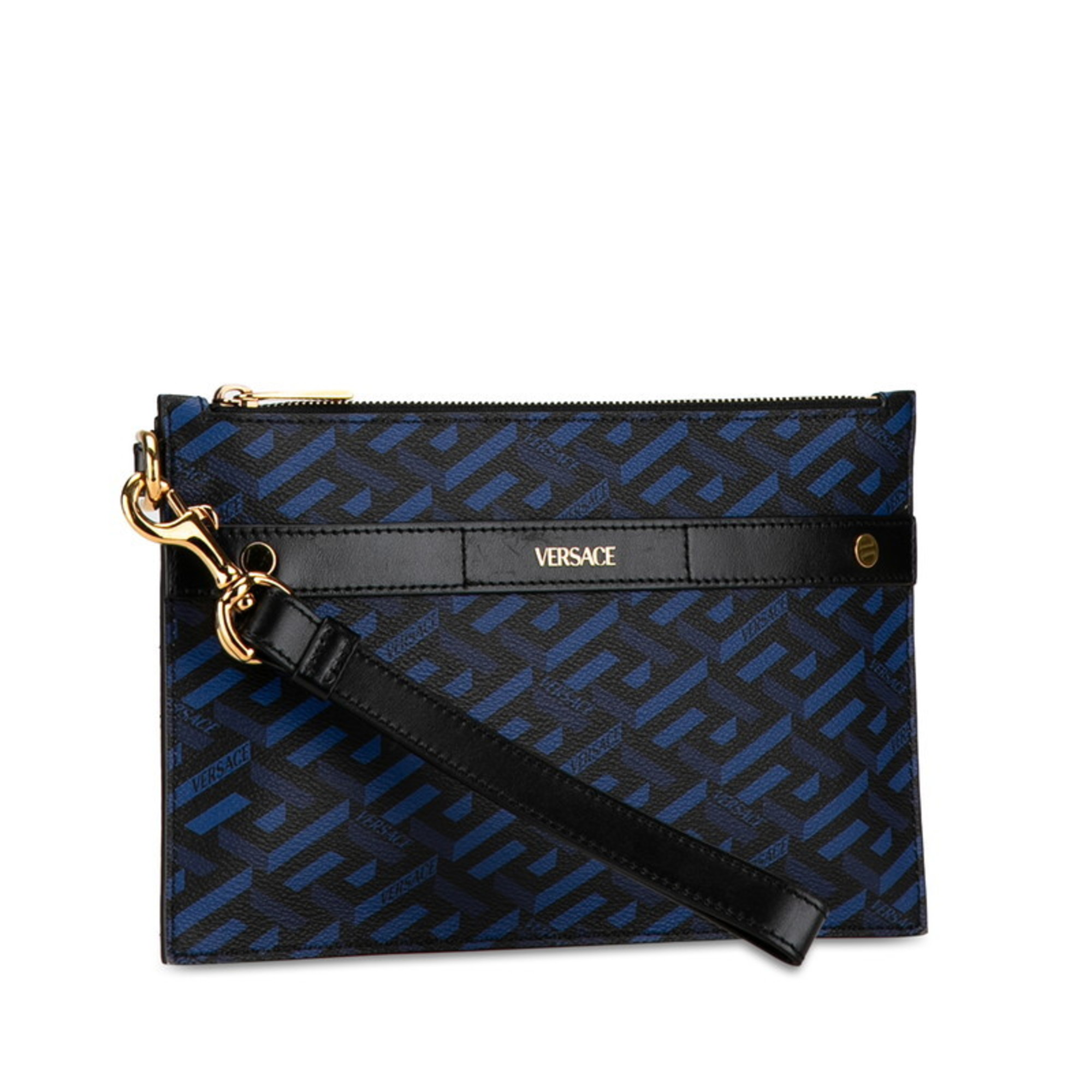 Versace La Greca Clutch Bag Second Blue Black PVC Leather Men's VERSACE