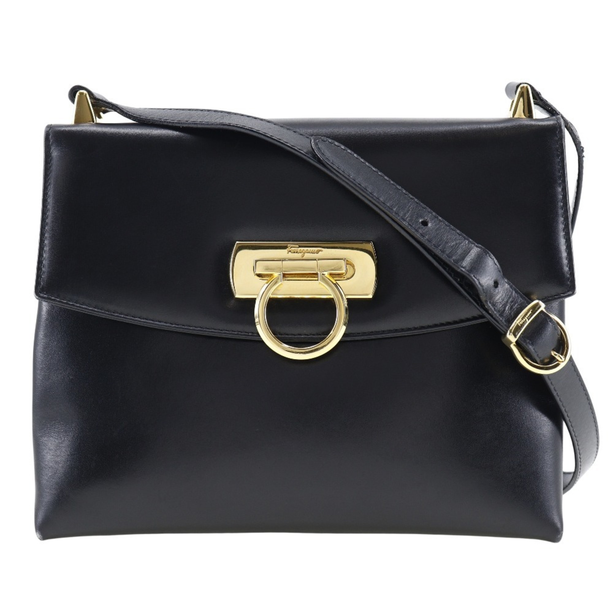 Salvatore Ferragamo Gancini Shoulder Bag Calf Black A5 Flap Women's