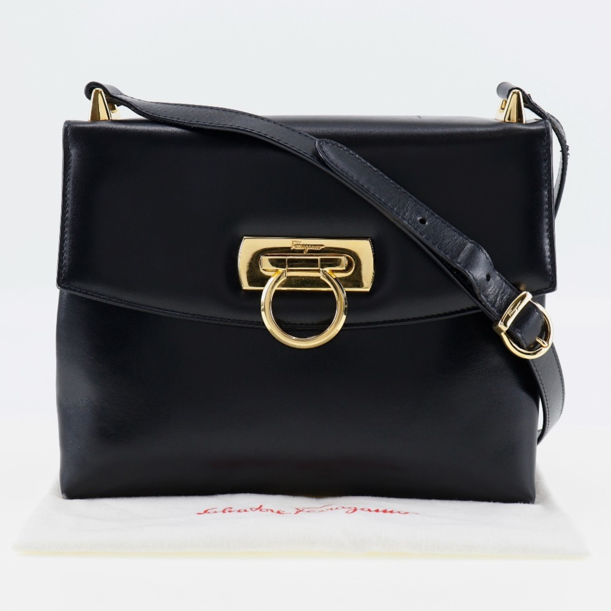 Salvatore Ferragamo Gancini Shoulder Bag Calf Black A5 Flap Women's