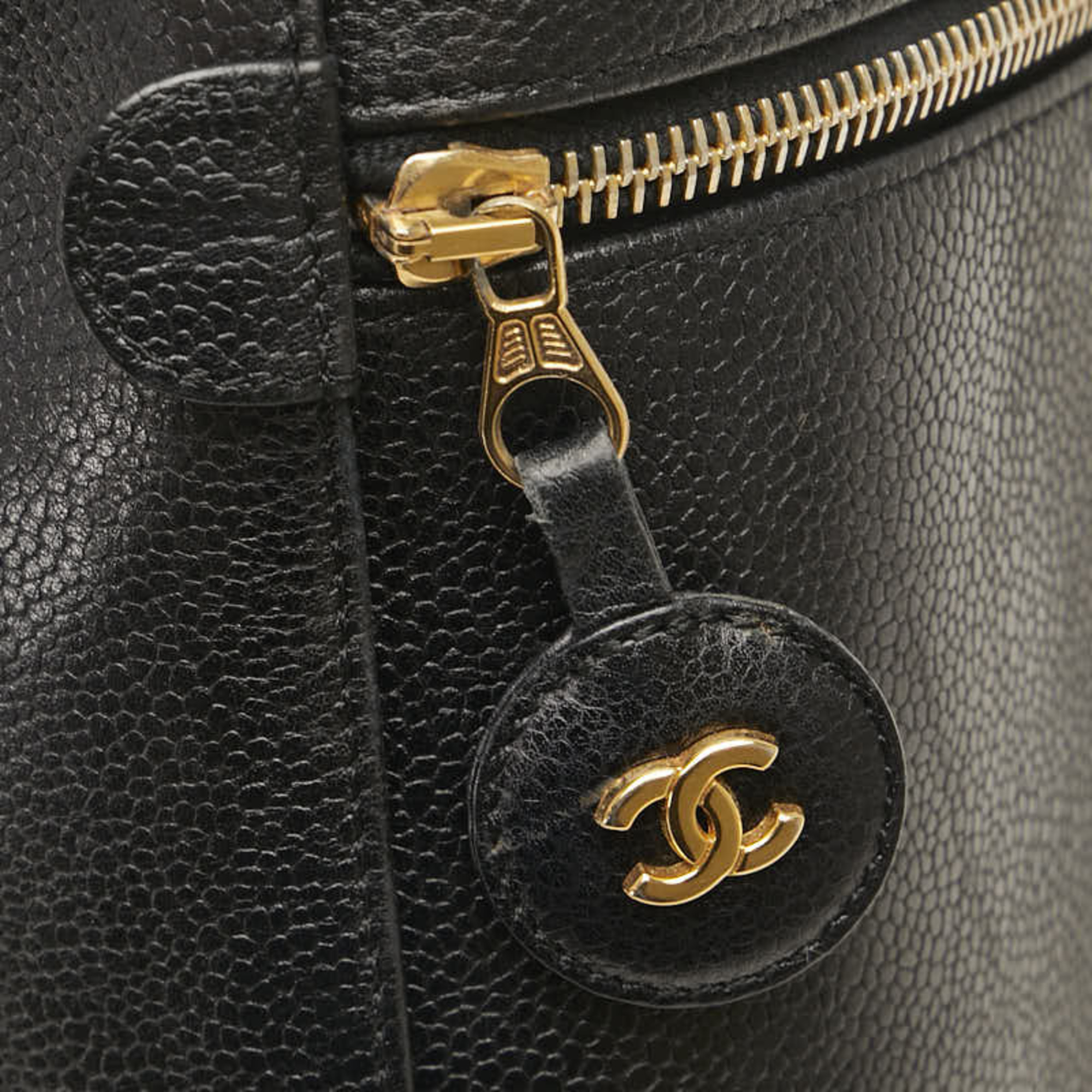 Chanel Coco Mark Handbag Vanity Bag Black Gold Caviar Skin Women's CHANEL