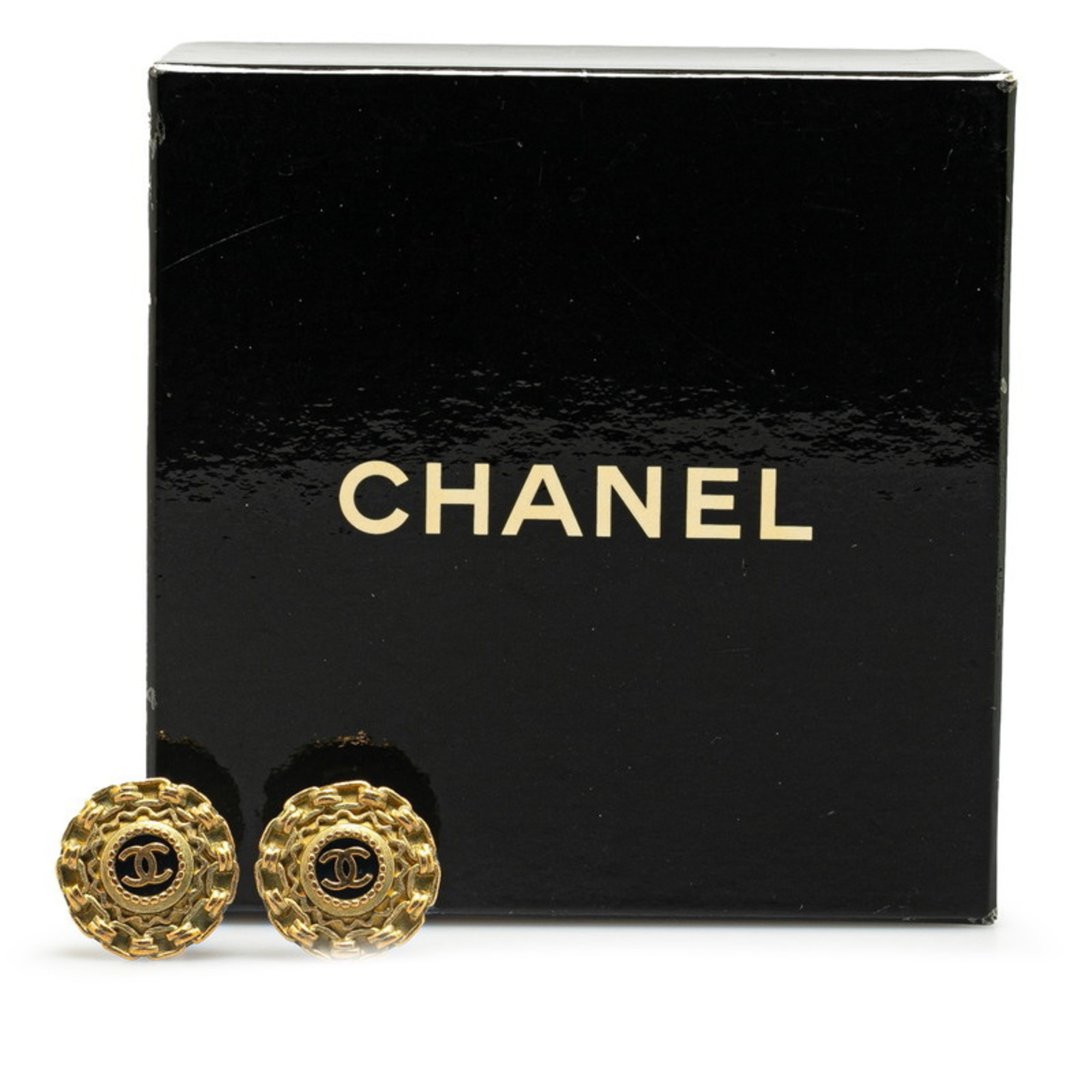 Chanel Coco Mark Chain Earrings Gold Black Plated Women's CHANEL