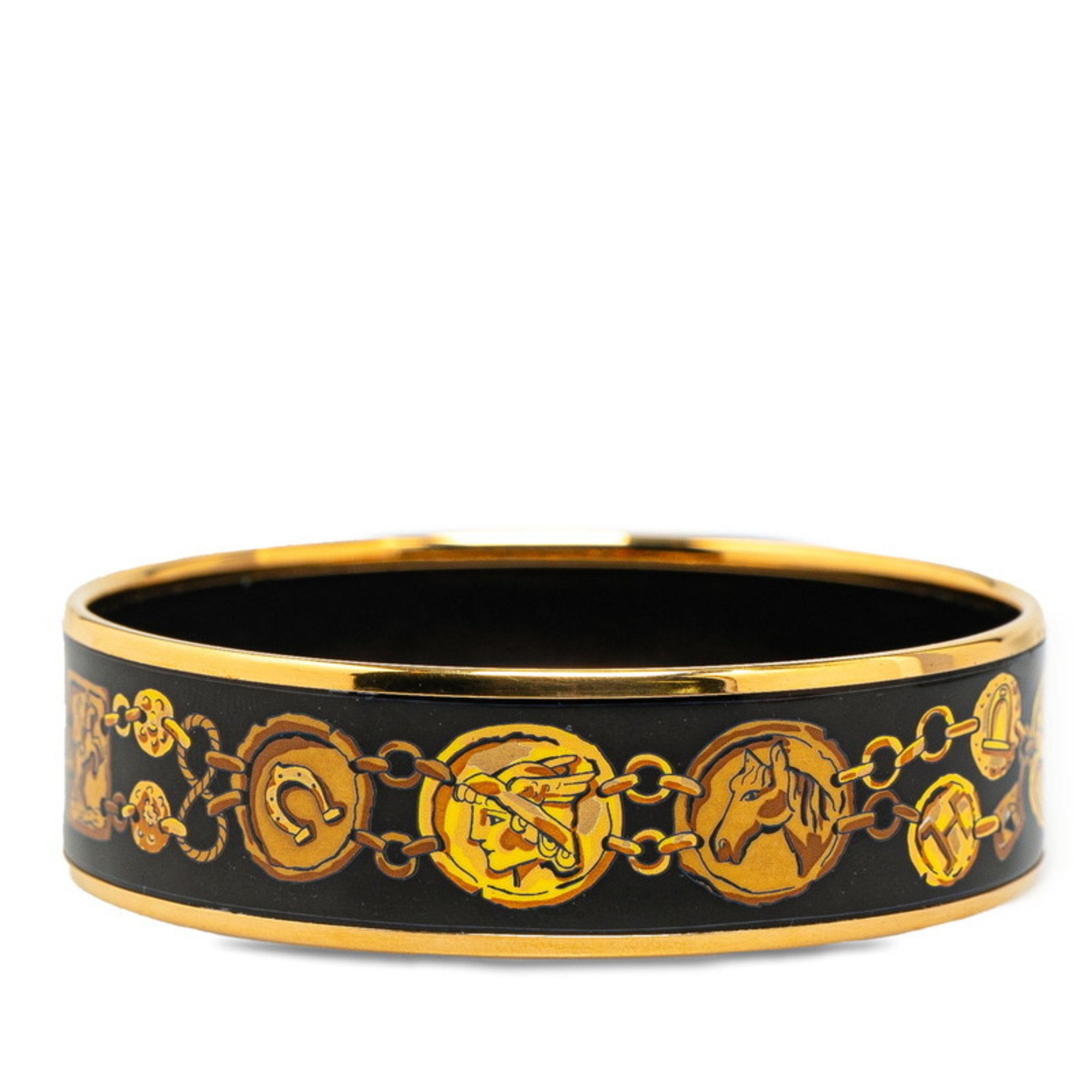 Hermes enamel GM bracelet, cloisonné, horse harness motif bangle, black, gold plated, women's, HERMES