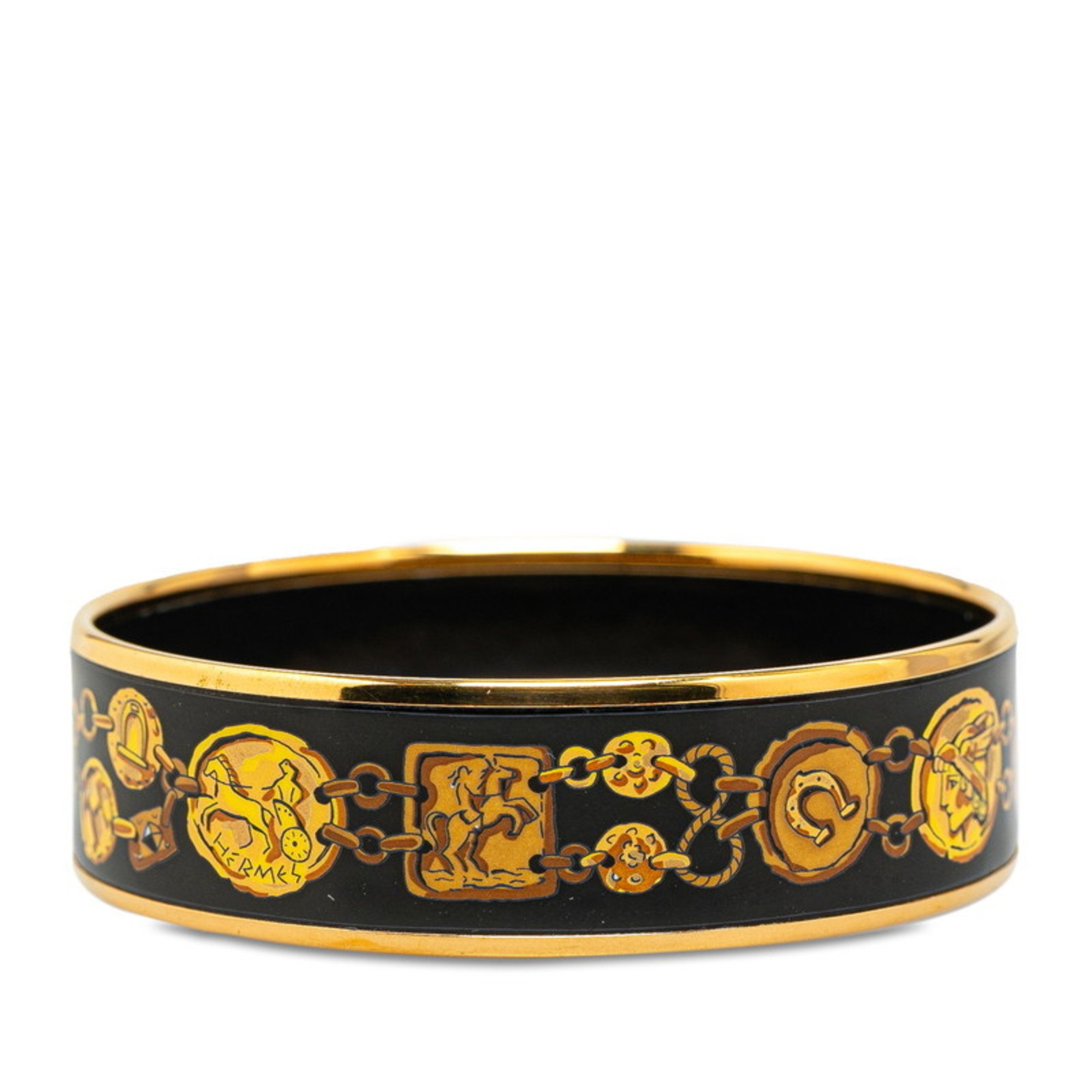 Hermes enamel GM bracelet, cloisonné, horse harness motif bangle, black, gold plated, women's, HERMES