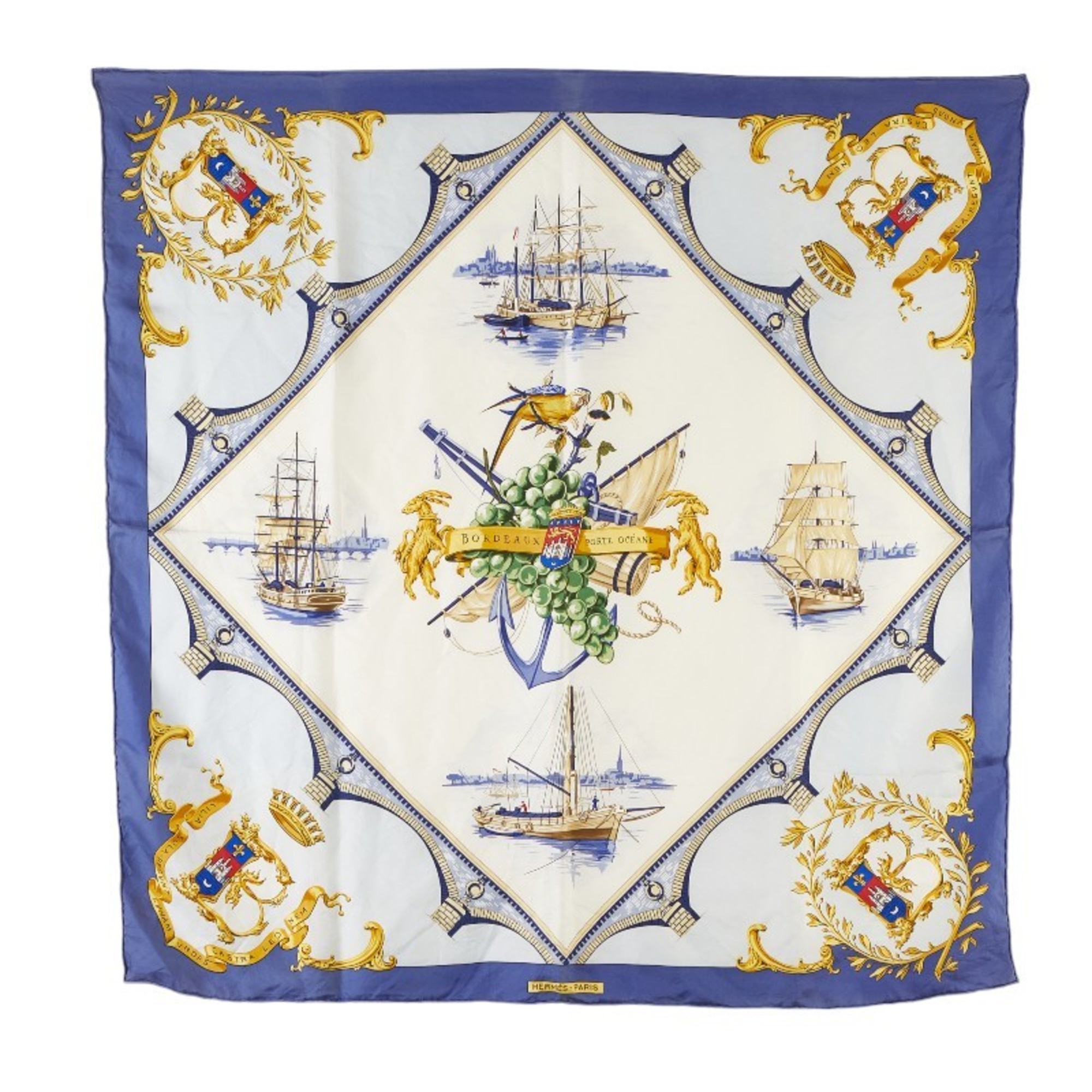 Hermes Carre 90 BORDEAUX PORTE OCEANE City Entrance Scarf Muffler Blue Multicolor Silk Women's HERMES