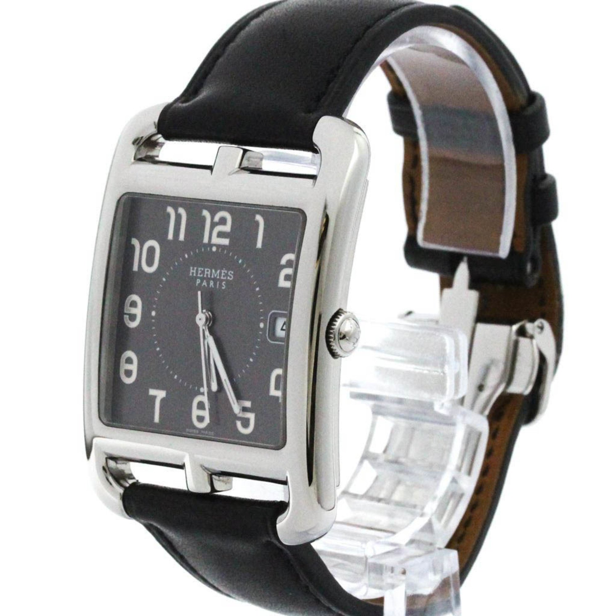 Polished HERMES Cape Cod Steel Leather Quartz Mens Watch CC1.810 BF574862