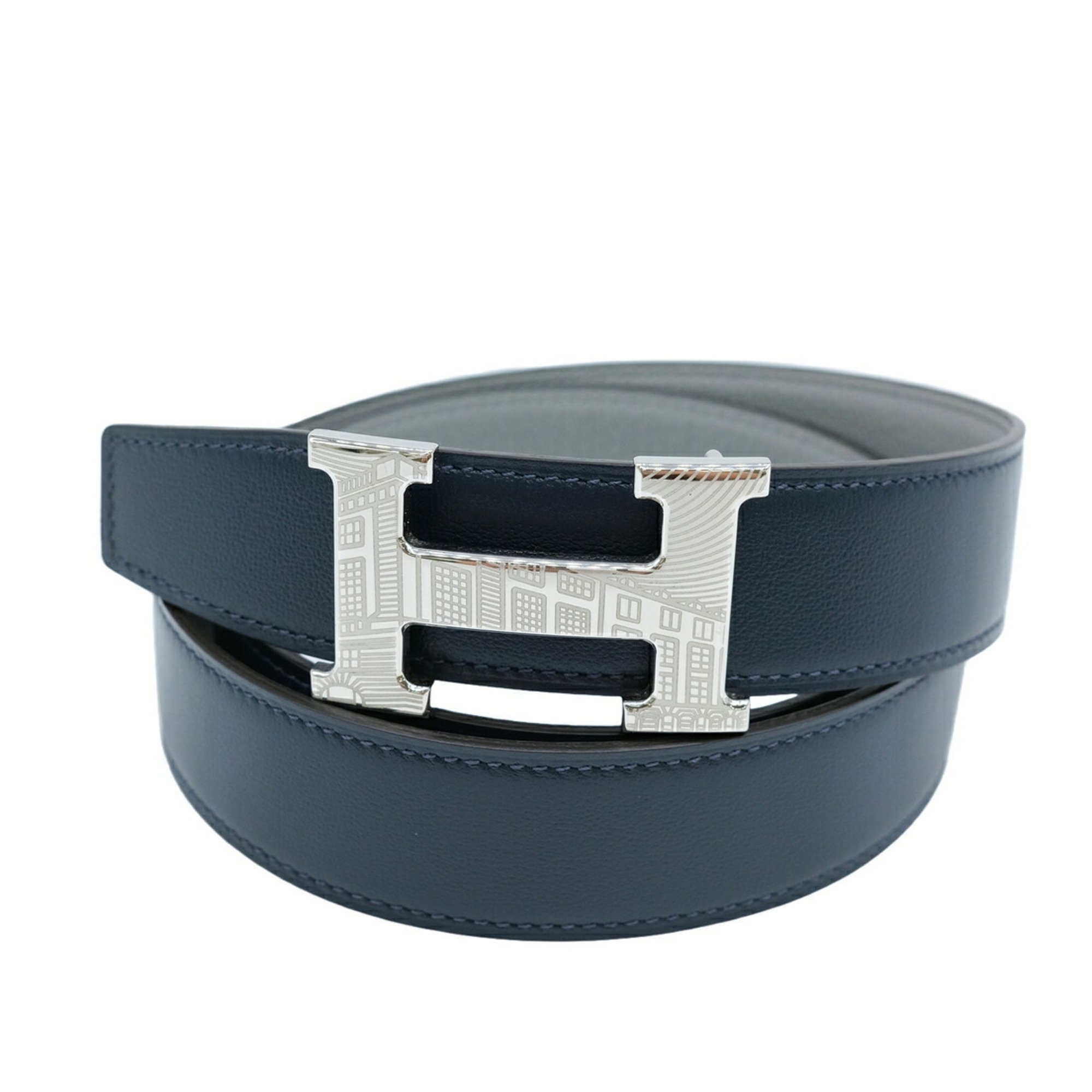 HERMES Belt Constance Box Calf Taurillon Clemence Reversible Blue Marine Navy Grimoire Gray #85