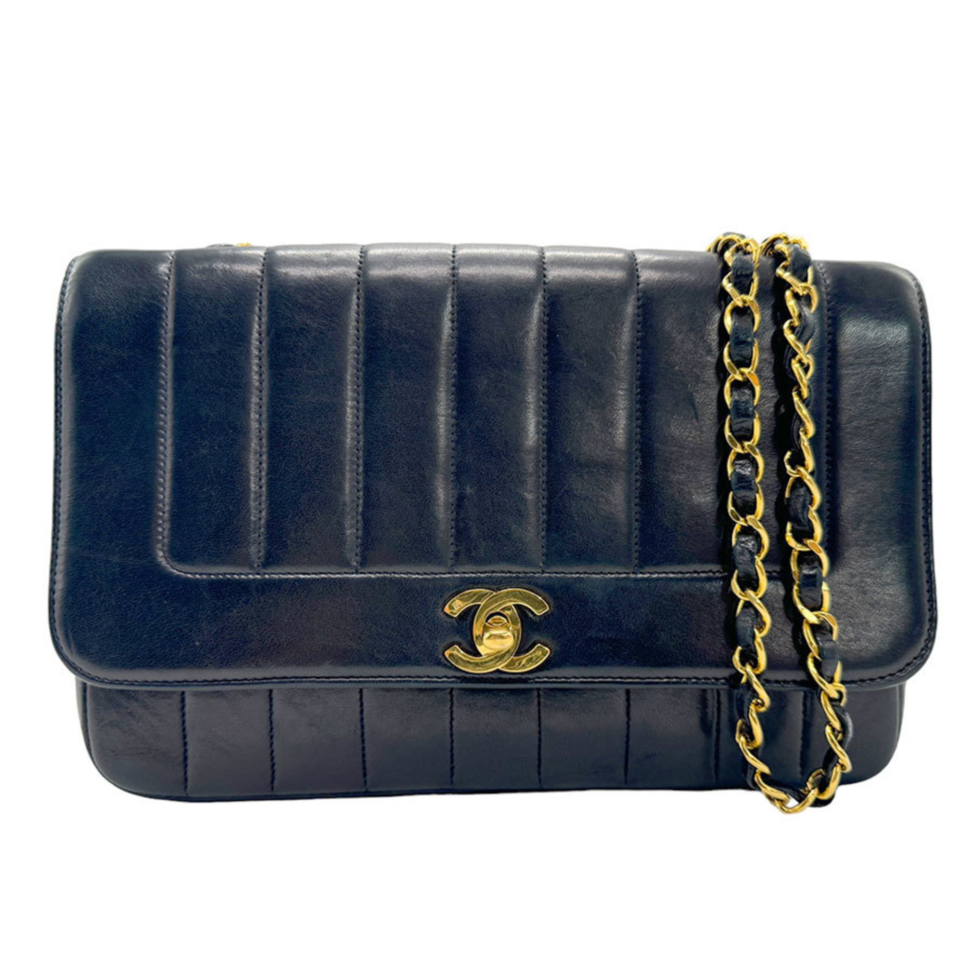 CHANEL Shoulder Bag Leather Metal Navy Black Gold Women's n0181