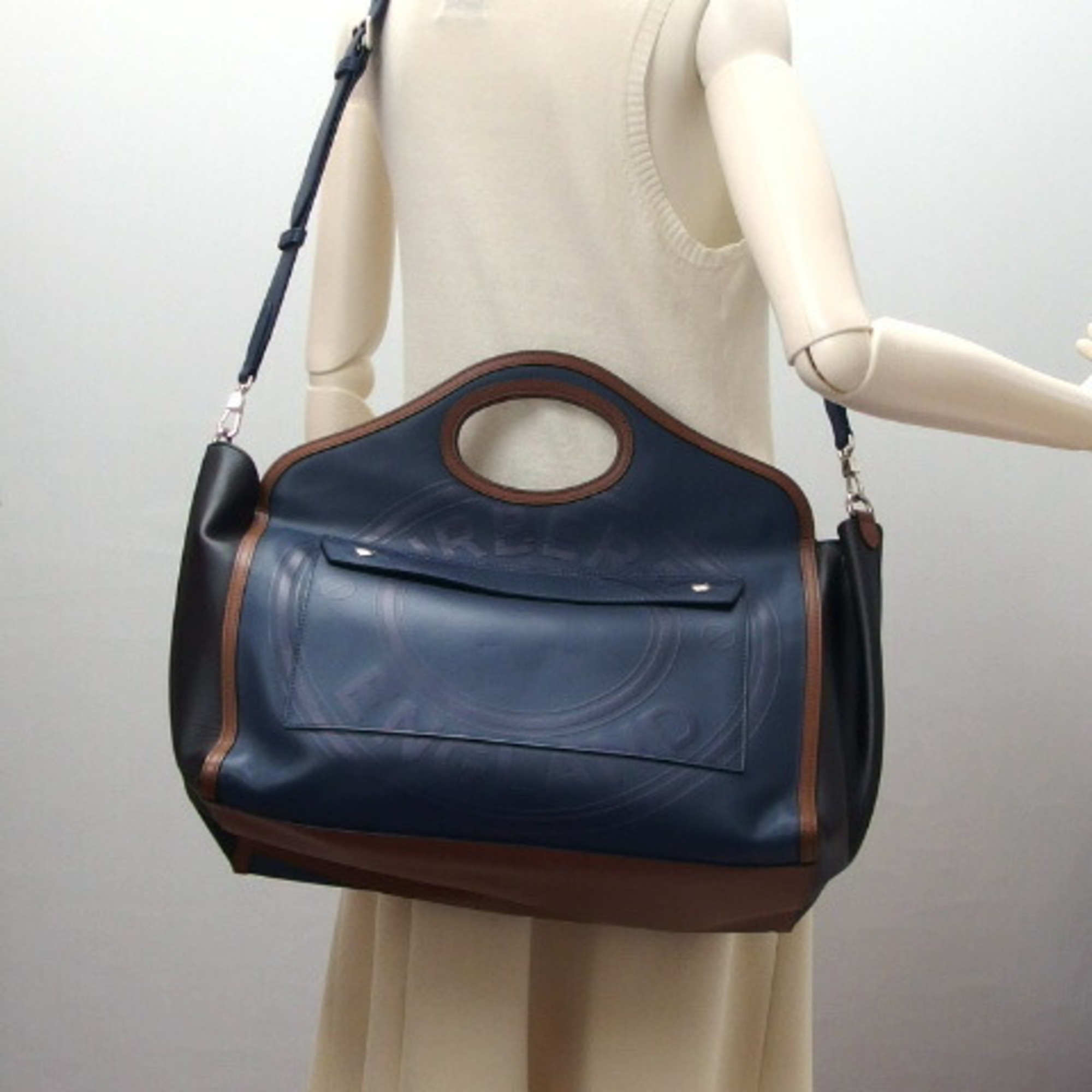 Burberry Pocket Tote Handbag Ink Blue (Navy) x Black