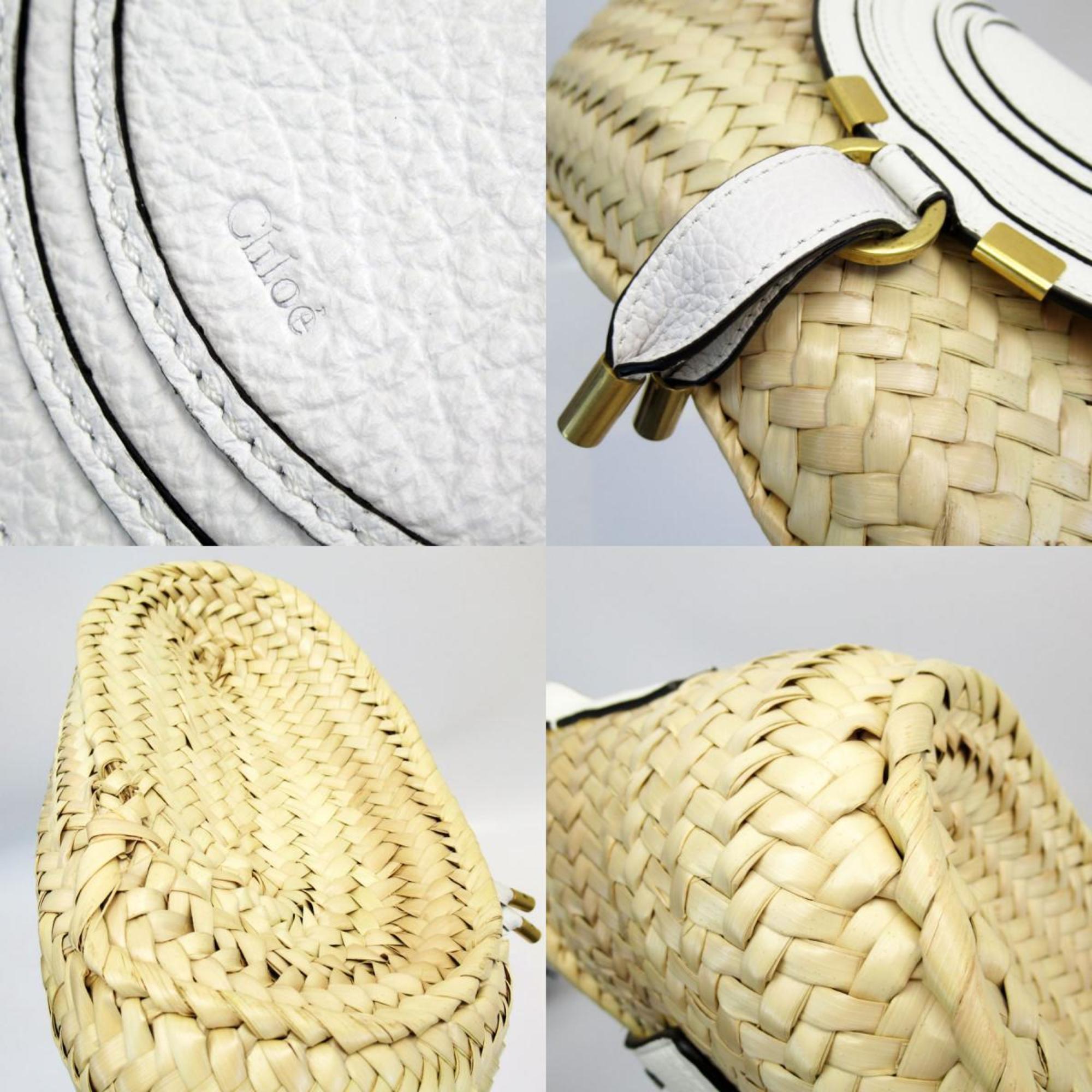 Chloé Chloe Marcy Shoulder Bag Raffia Leather Beige White Gold Women's W0621K